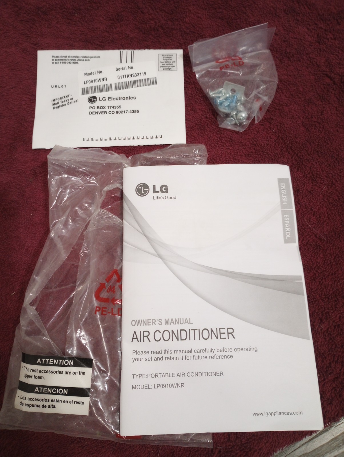LG #LP0910WNR Air Conditioner Original User Instructions Owner&rsquo;s Manual