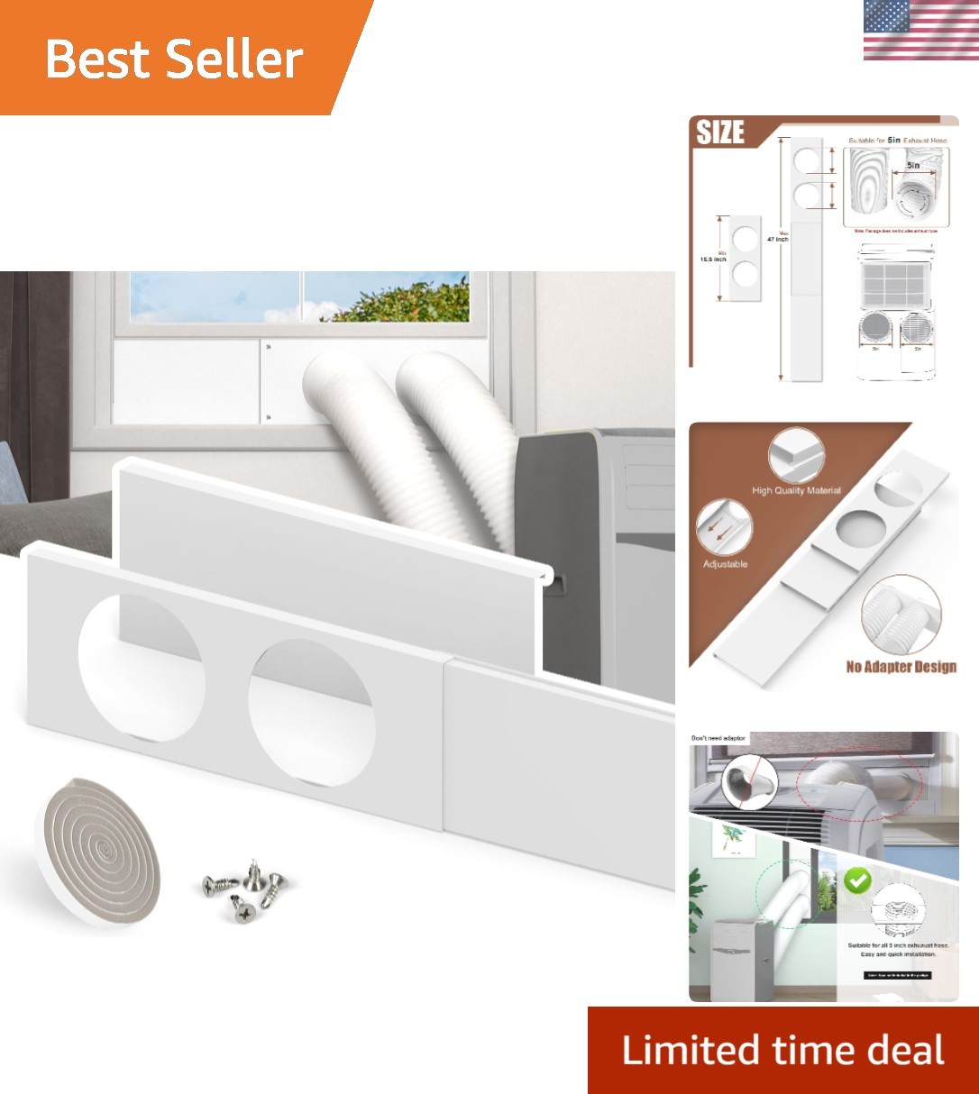 Dual Hose Window Seal Kit for 5in Portable AC Exhaust Hose Adjustable 17-47in