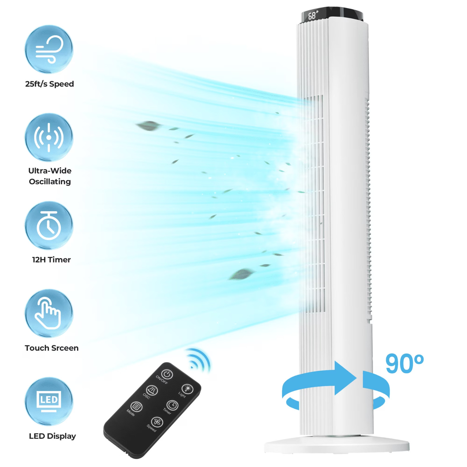 KISSAIR 37&Prime; Tower Fan Remote,6 Speeds,4 Modes,LED Display, 12H Timer, 90° move