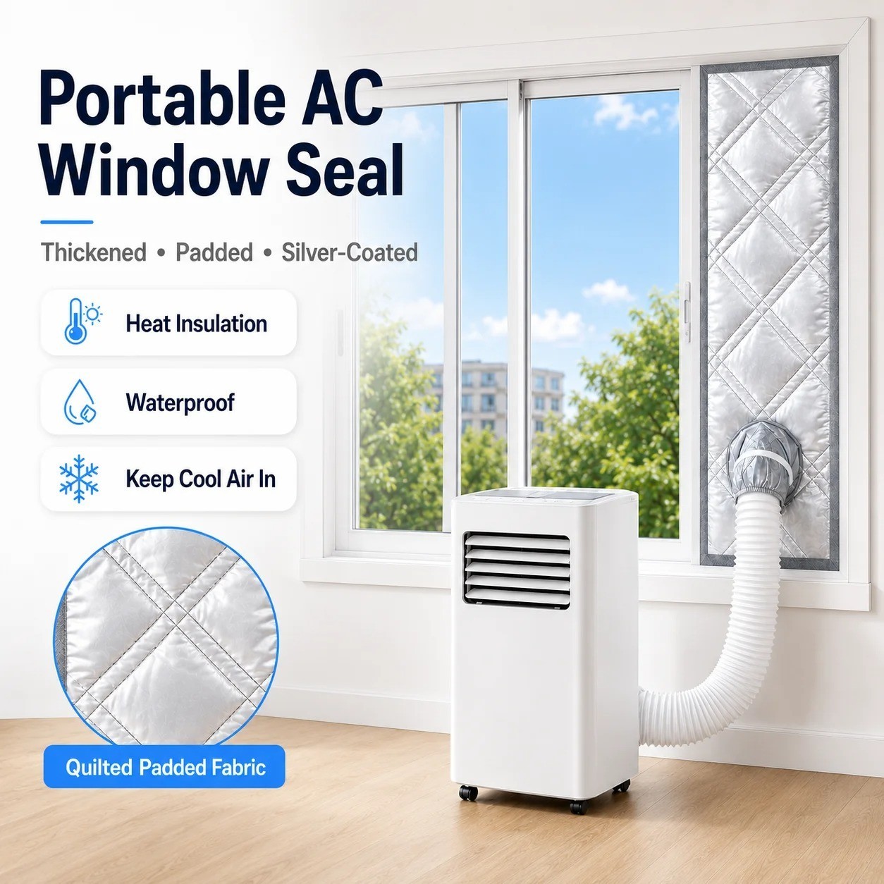 Portable AC Window Seal Kit 25x100cm Silver Insulated Exhaust Hose Cover