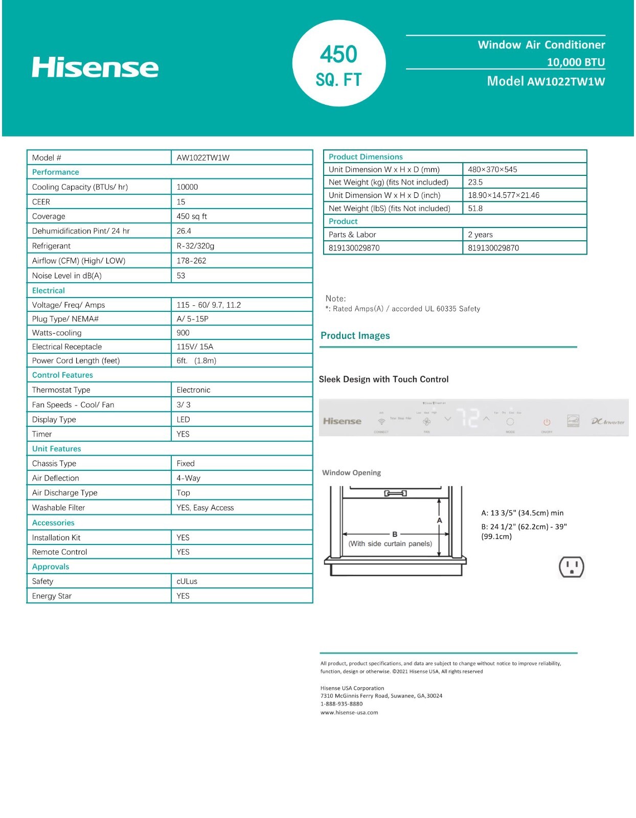 Hisense 10,000 BTU Window AC with Wifi, Inverter, Super Quiet, Energy Star
