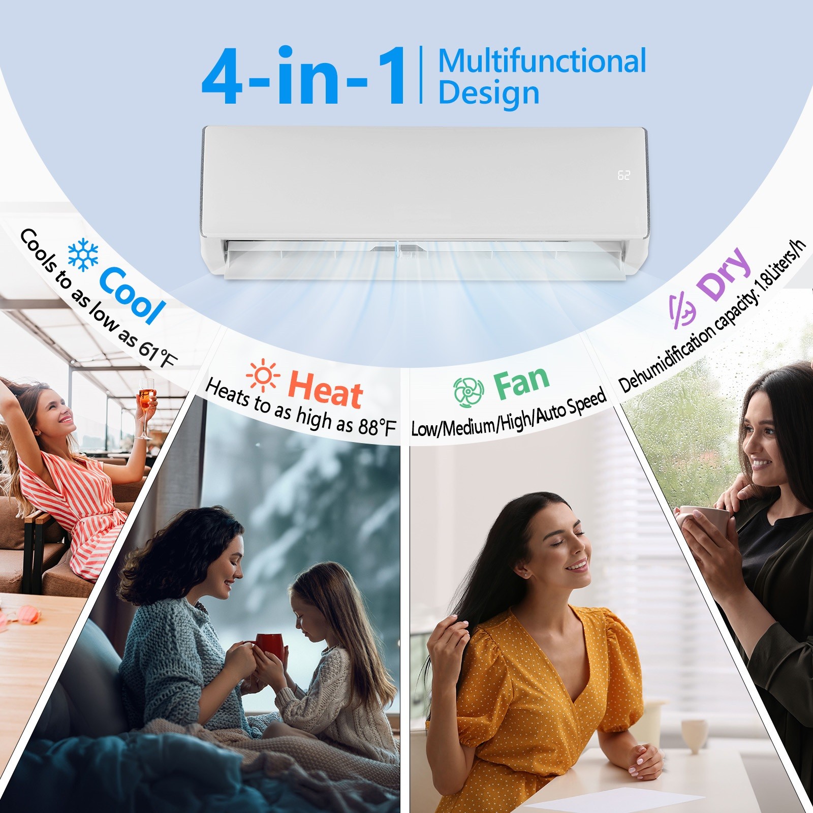 Bonnlo Ductless Mini Split AC with Heater, Split-System Wall Air Conditioner
