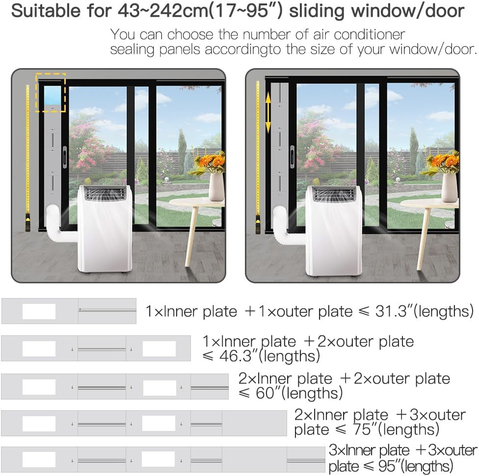 95&Prime; Sliding Door AC Vent Kit for Dual Hose Portable Air Conditioner with Screen