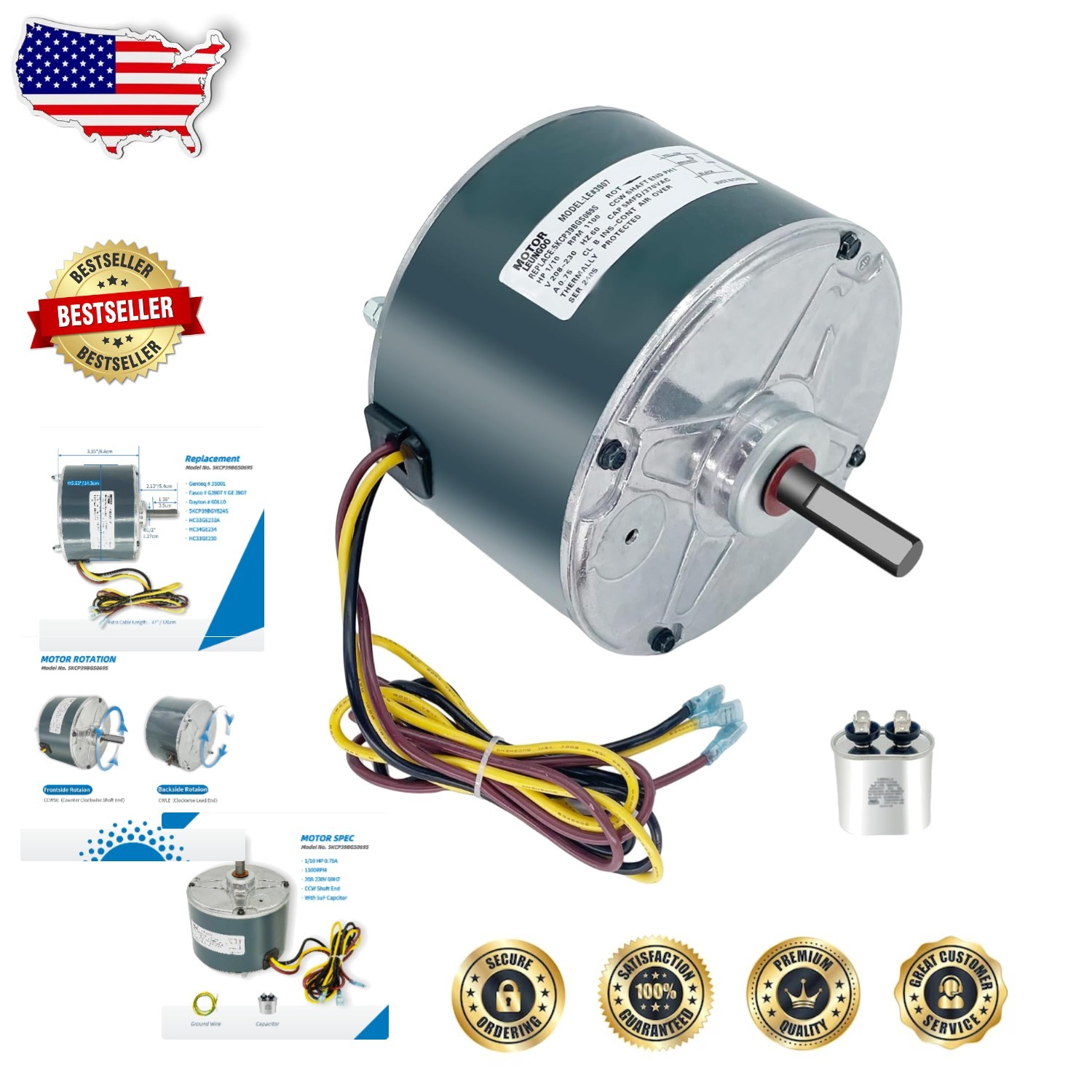 Durable 1/10HP 230V Condenser Motor 1100RPM – 2 5KCP39BGS069S