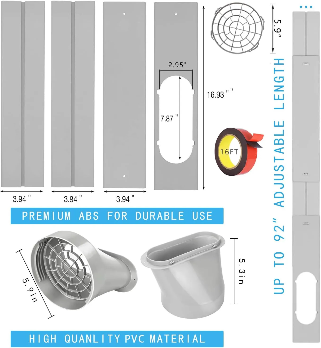 Portable AC Window Vent Kit Adjustable Sliding Plate 5.9 Inch Hose 59 Inch Long