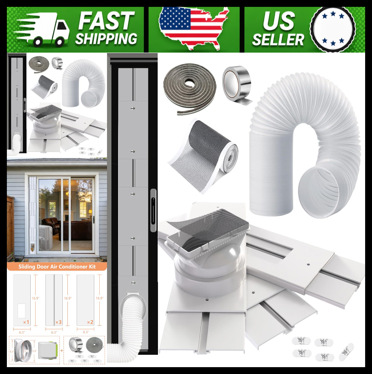 Sliding Door AC Vent Kit with 5.9&Prime; Hose, Filter Screen & Weather Stripping