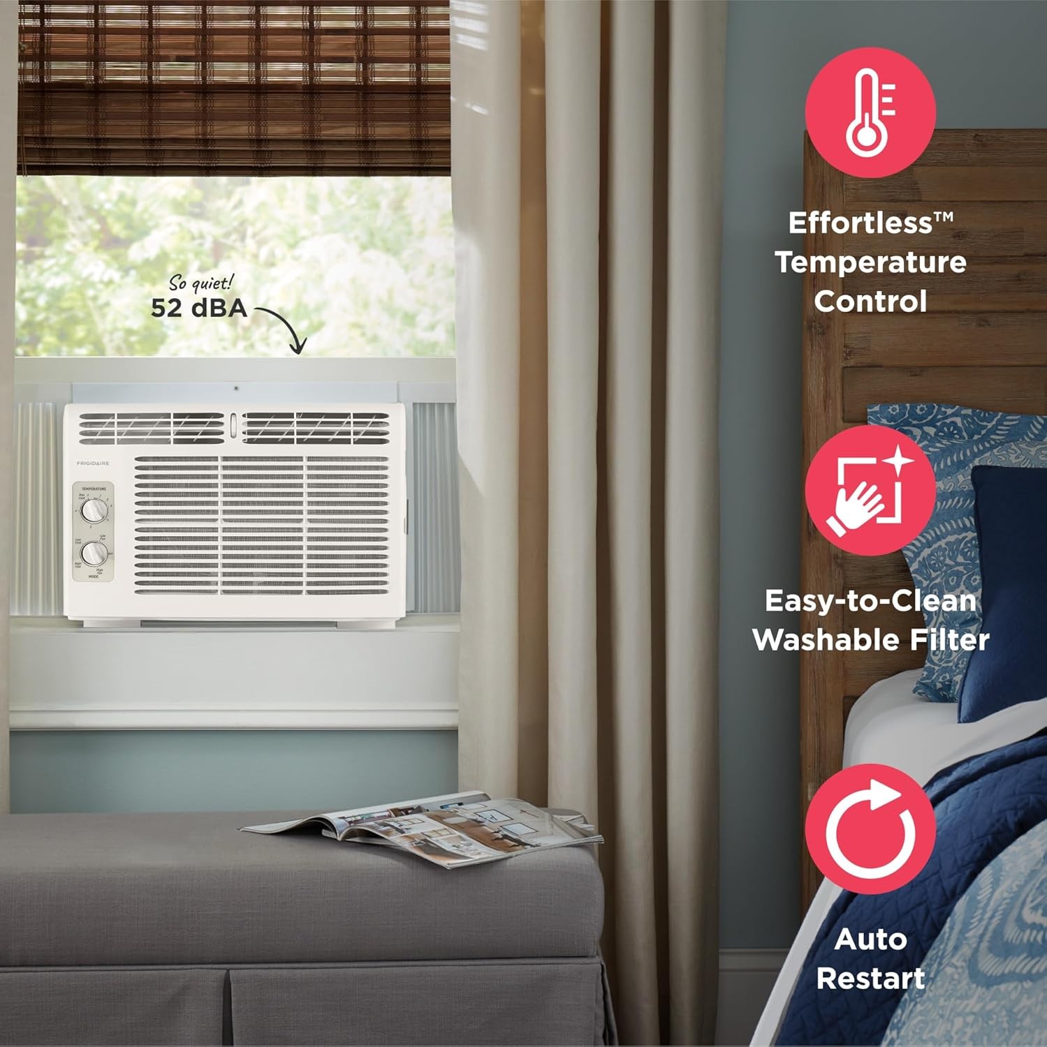 5,000 BTU Window-Mounted Air Conditioner, Cools Up to 150 Sq. Ft., Quiet Operati