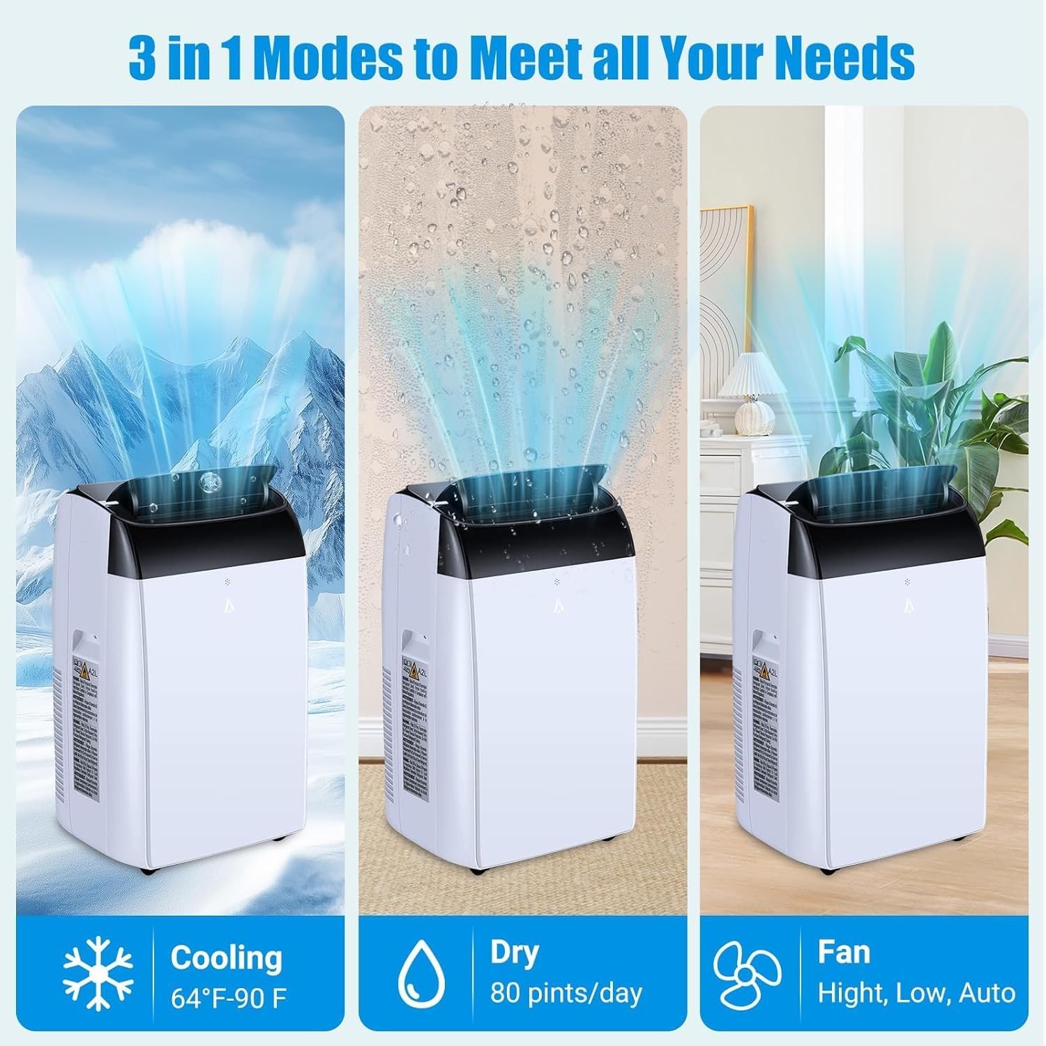 14000 BTU Portable Air Conditioner 3-in-1 Cooling, Dehumidifier & Fan