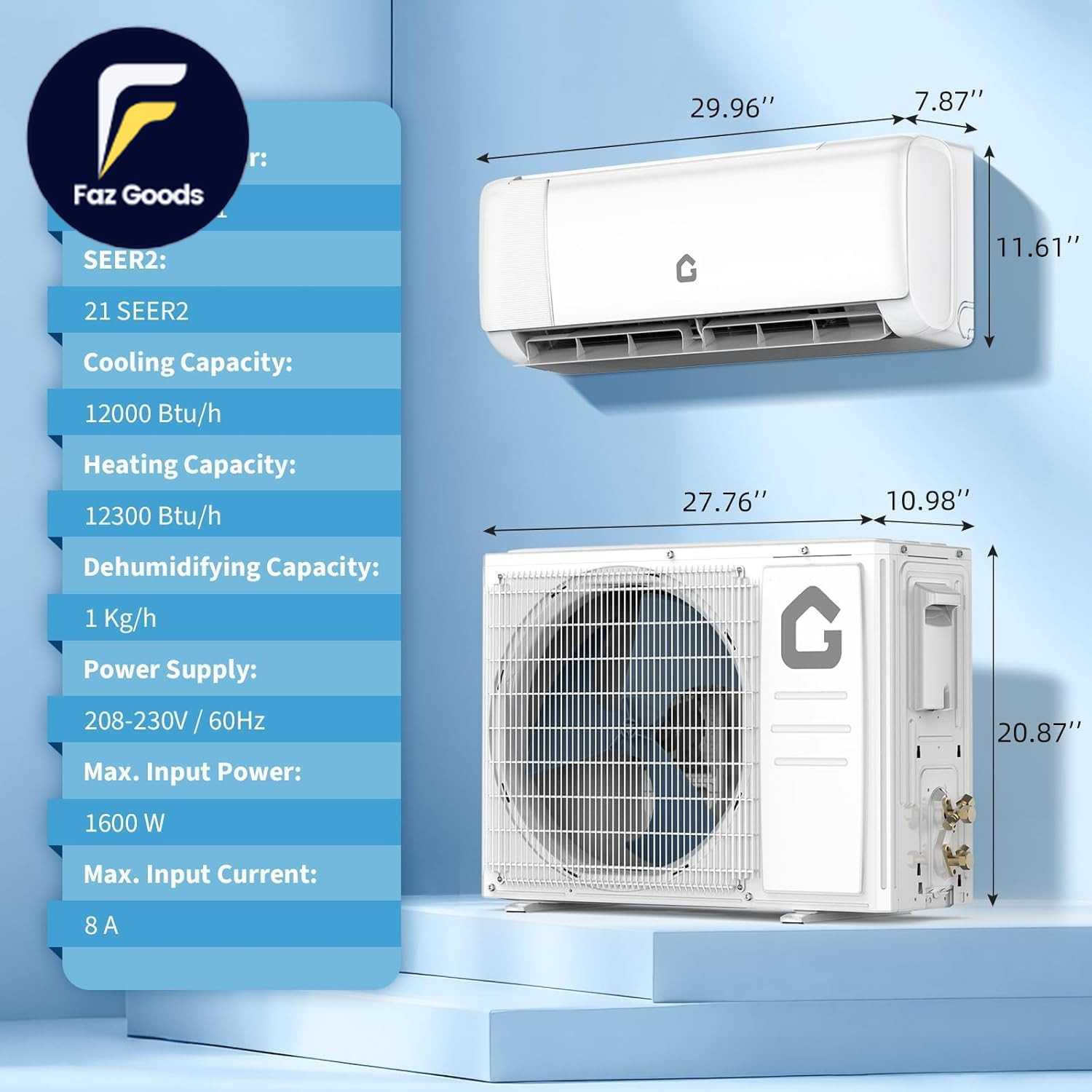 12,000 BTU Mini Split Air Conditioner & Heat Pump 21 SEER2 Ductless Inverter