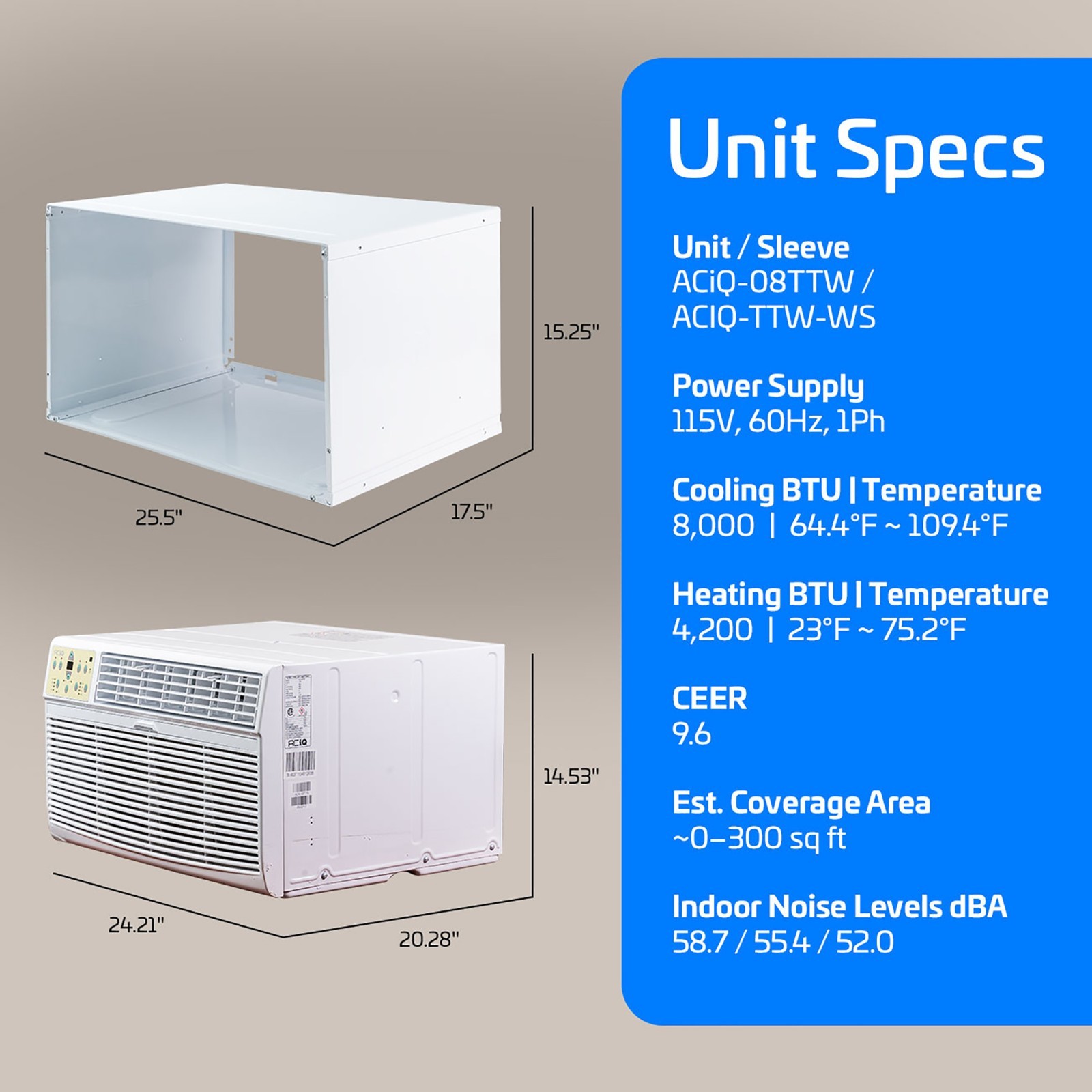 ACiQ 8000 BTU 115V Through-the-Wall Air Conditioner & 1.2 kW Heater – 300 Sq Ft