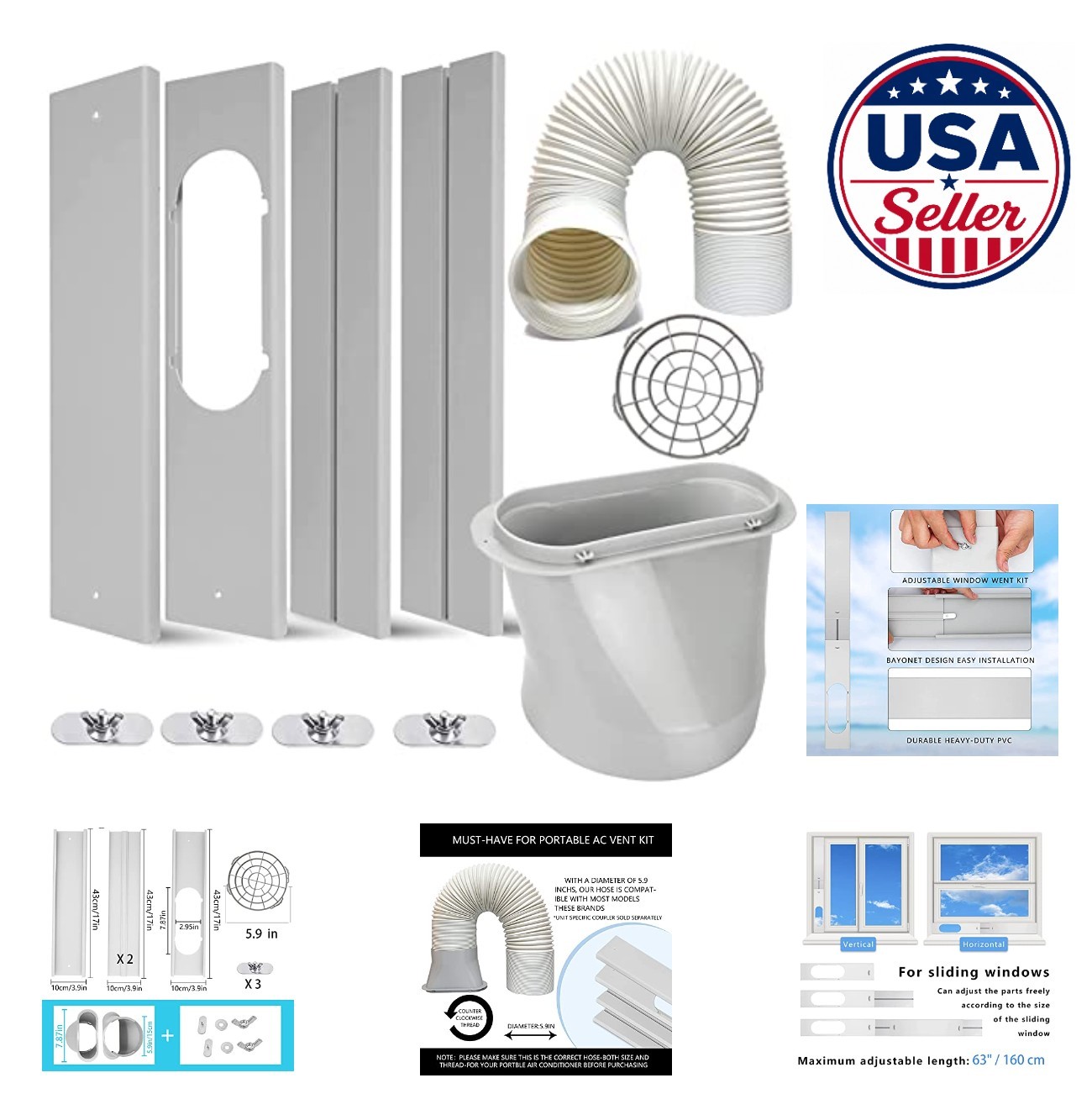 Portable Air Conditioner Window Kit 5.9 Inch 59 Inch Hose Adjustable Seal