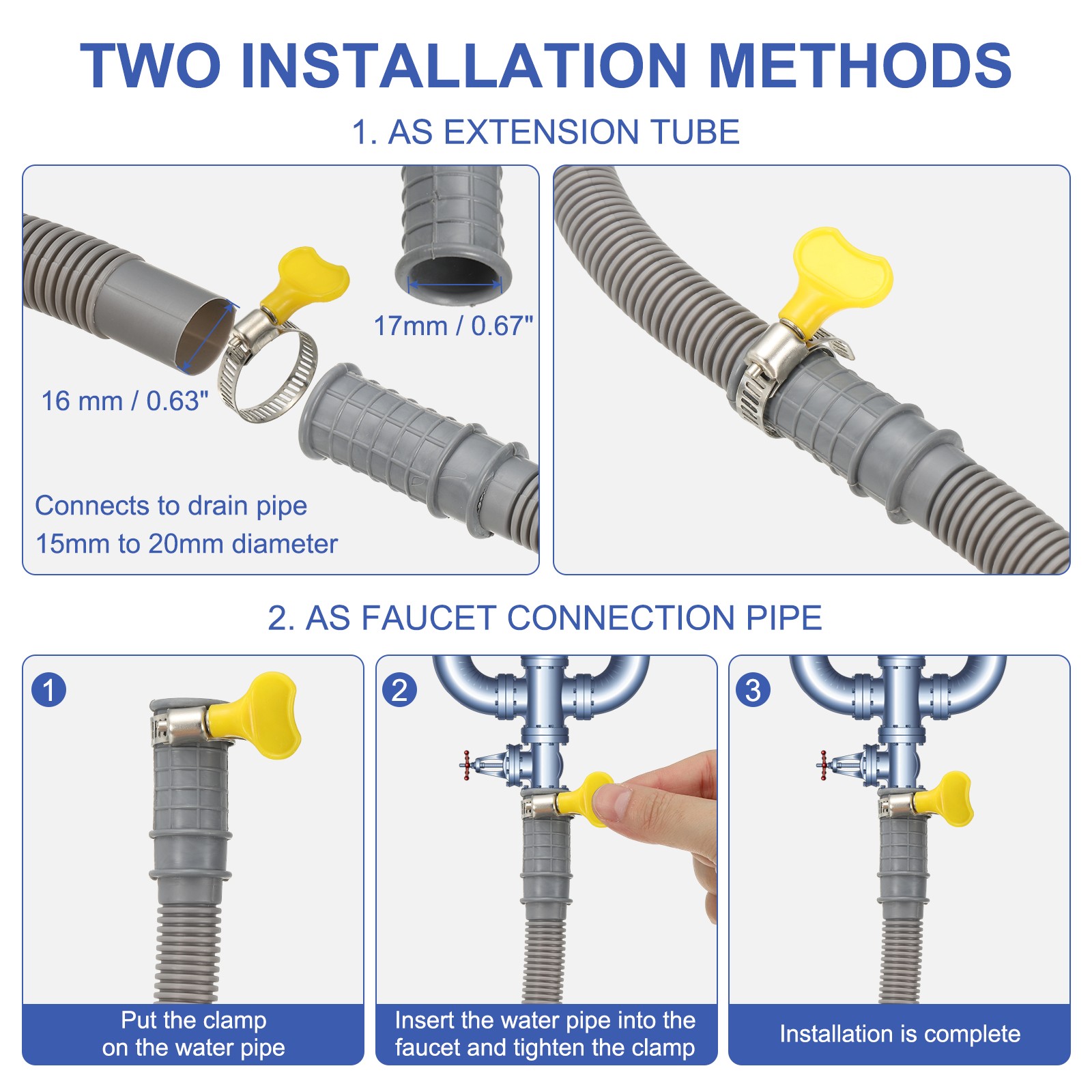 16.4Ft Air Conditioner Drain AC Drain Connector Hose with Clamp Gray 1Set