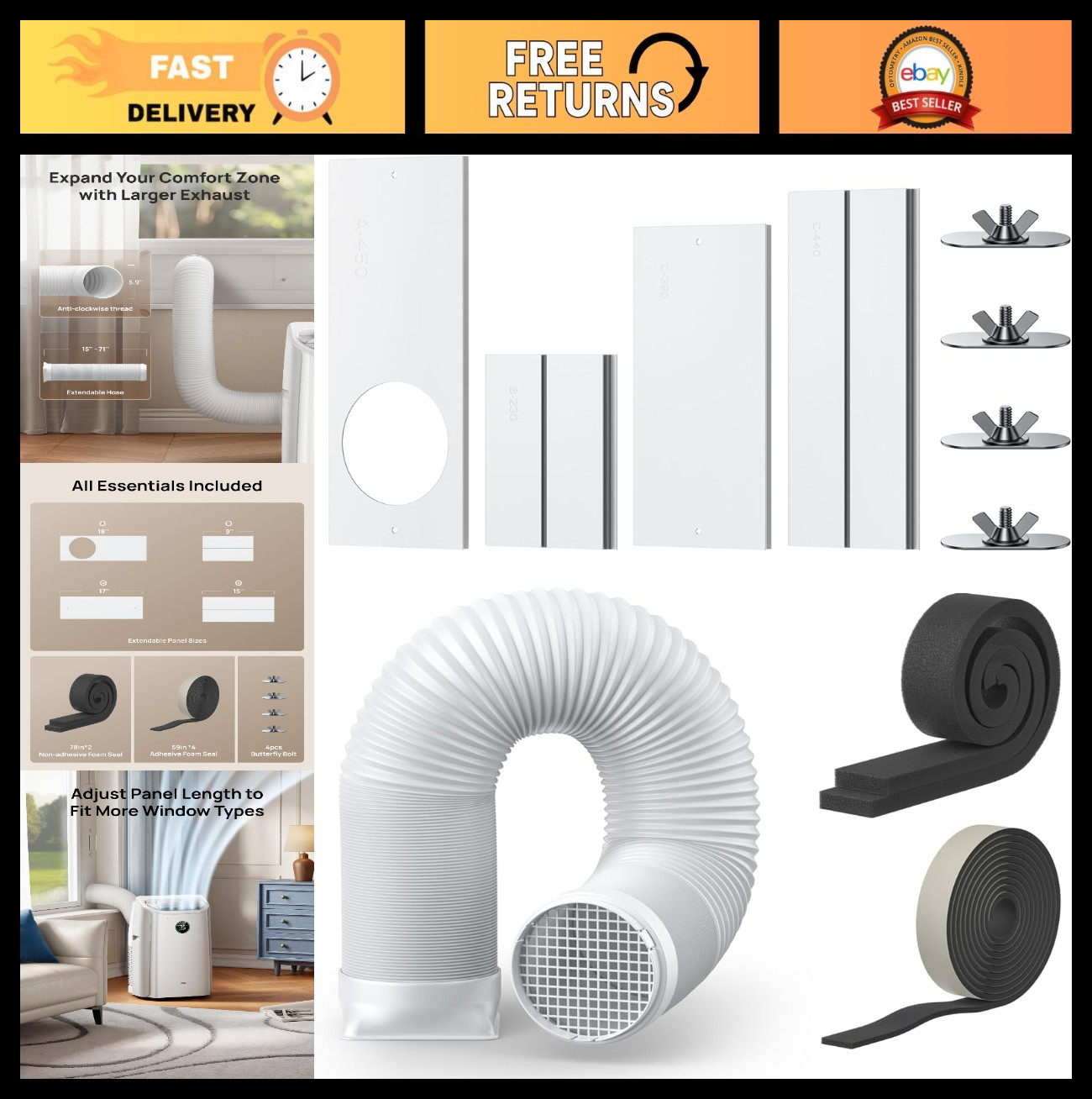 Adjustable Portable Air Conditioner Window Vent Kit, 5.9&Prime; Exhaust Duct, Seamless