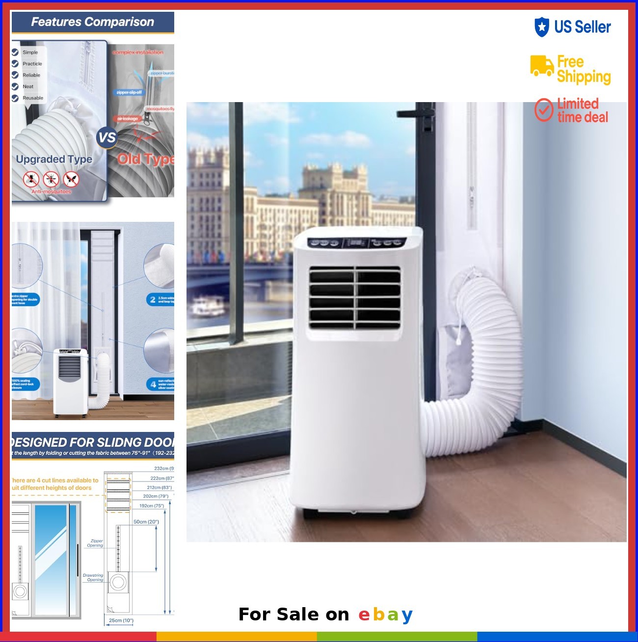 Portable Air Conditioner Sliding Door Vent Kit 10×75-91 Inch Adjustable Length