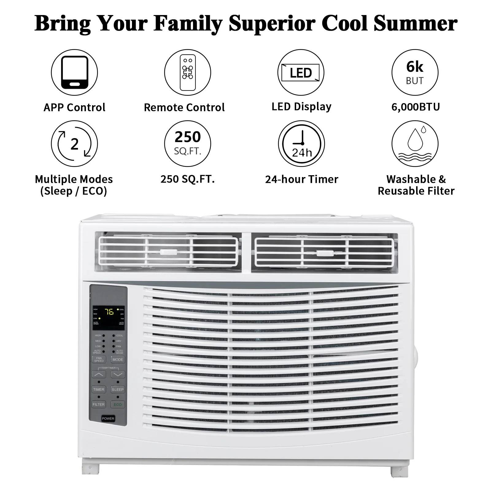 6000 BTU 115V Window Air Conditioner with Wifi & Remote Covers up to 250 sp.ft