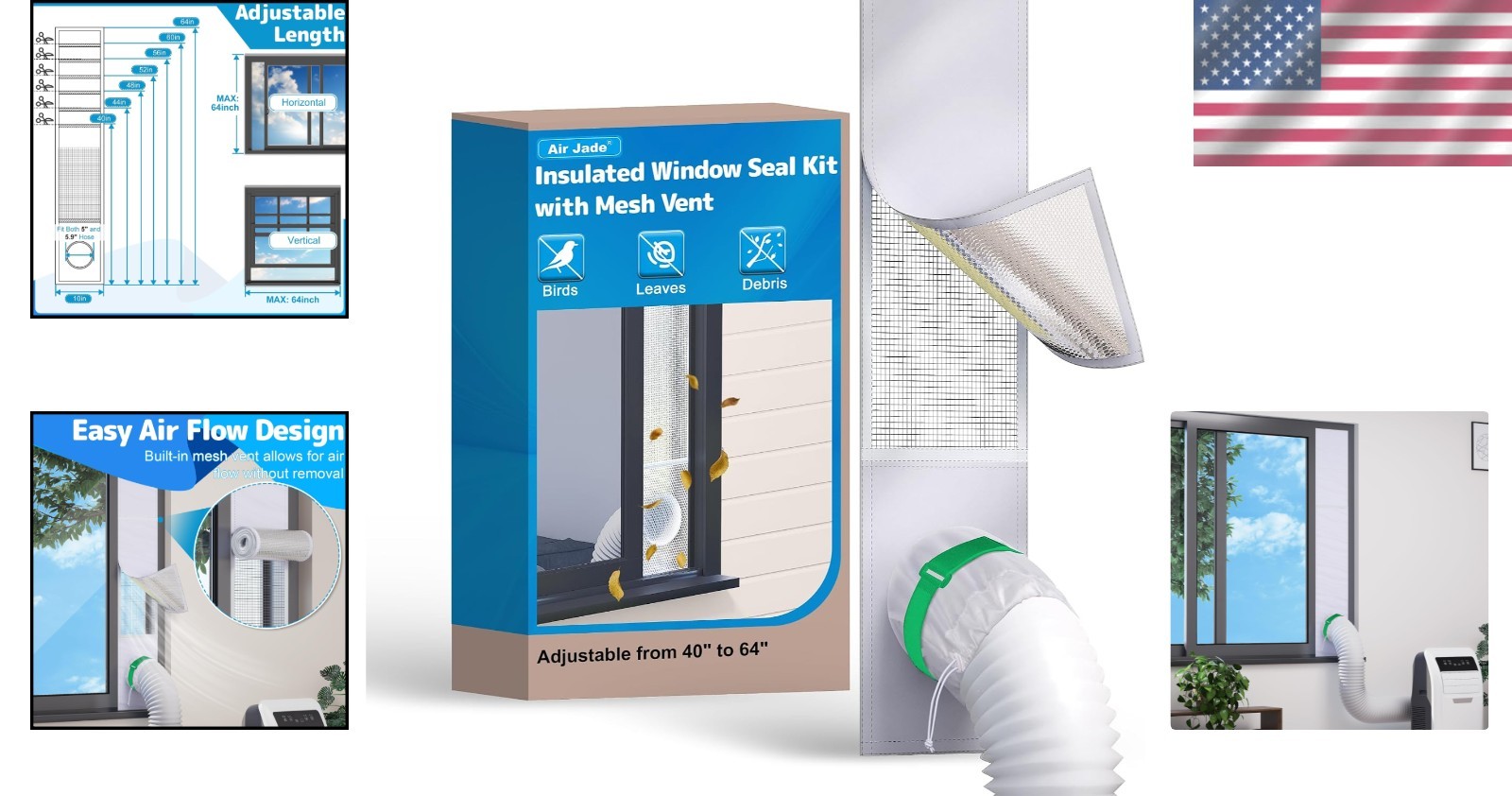 Portable Air Conditioner Window Kit Insolated Vent Seal for 40-64 Inch Windows