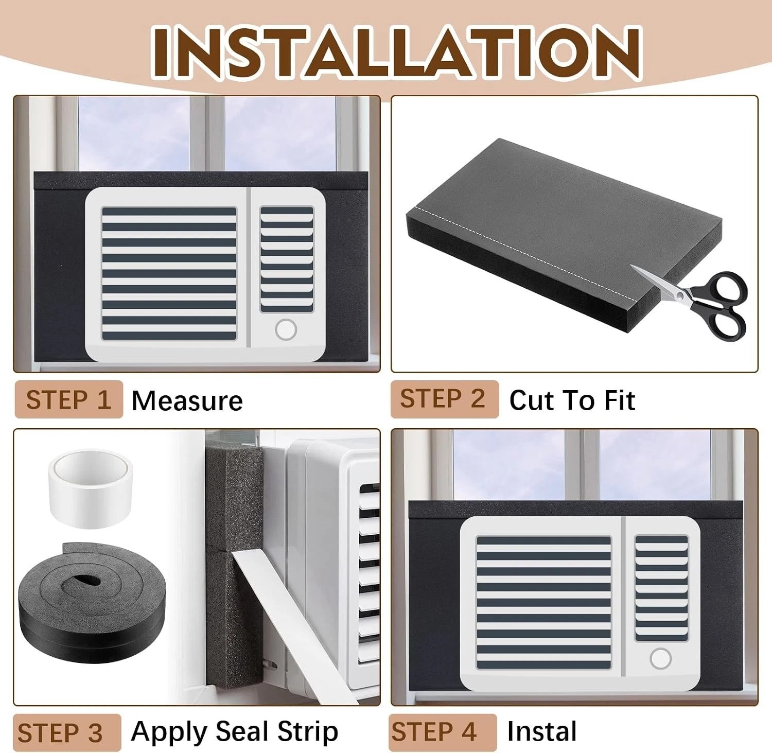 4 Pcs Window Ac Insulated Foam Panels with Seal Strip,Black | Fits Most 5000-…