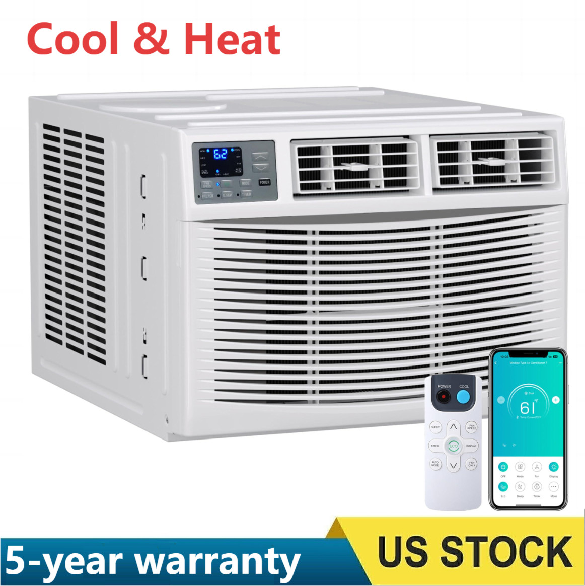8K 12K 18K 23K BTU Window Air Conditioner & Heat Hump AC Unit w/Remote WIFI APP
