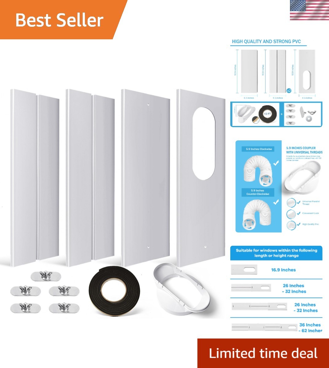 Easy-to-Install Portable AC Window Seal with Adjustable Coupler – 5.9&Prime; Diameter