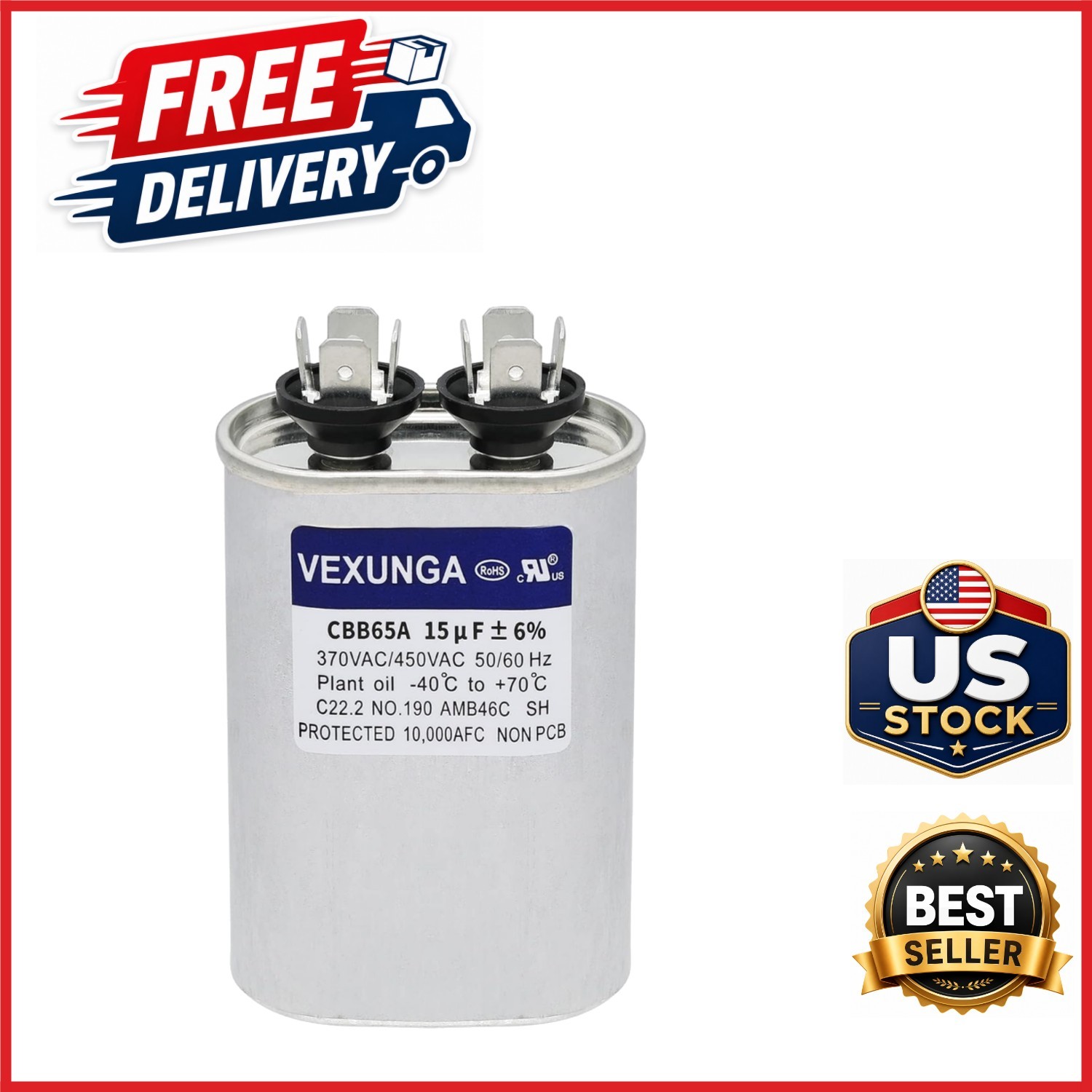 15uF 370/440VAC Oval Run Start Capacitor for AC Unit Fan Motor Replacement