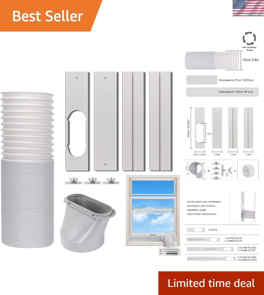 Lightweight RV/Portable AC Window Vent Kit with 5.9&Prime; Diameter – Compact Design