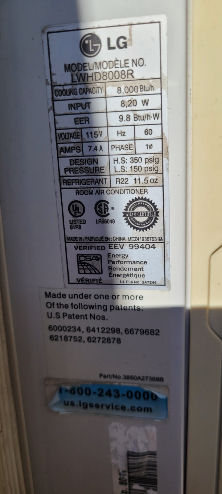 LG LWHD8008R 8,000 BTU Window Air Conditioner AC w/ Remote 115V Used