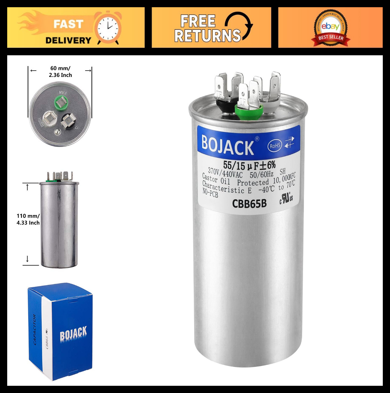 Dual Run Start Capacitor 55+15 uF 370/440 VAC for AC Unit & Heat Pump Motor