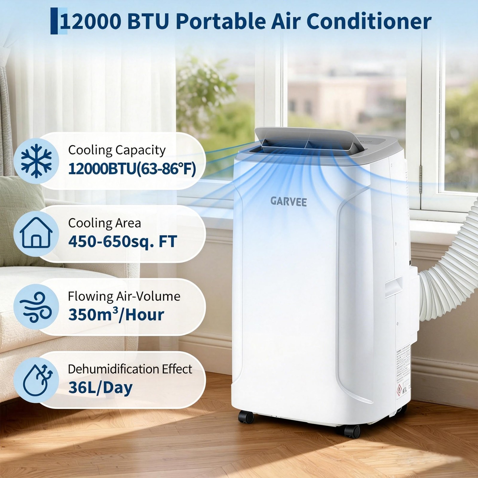 12,000 BTU Portable Air Conditioner 3 Modes with Remote Control –LED Touch Panel