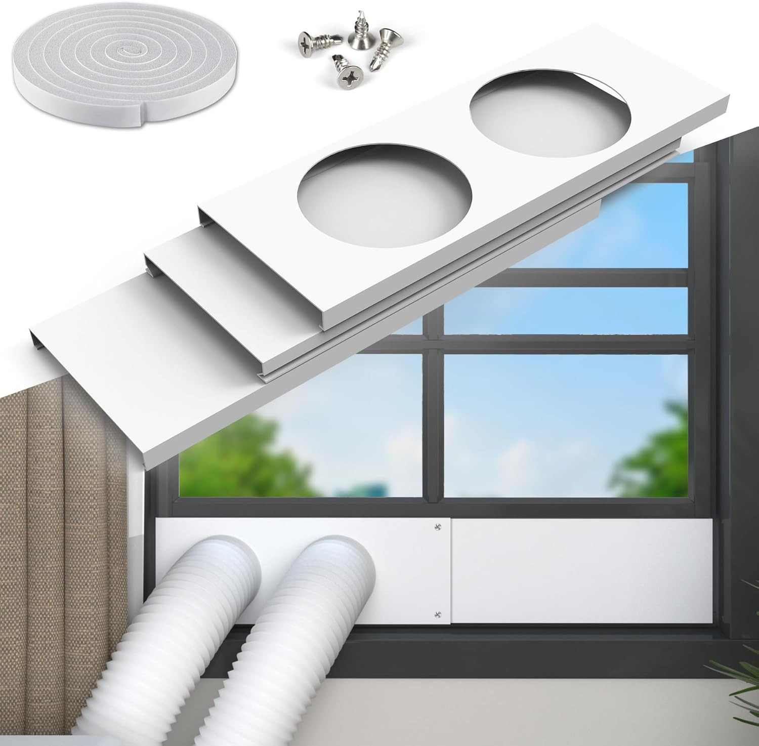 Flamorrow Dual Hose Portable Air Conditioner Window Kit, 5.9&Prime; Diameter Adjustabl