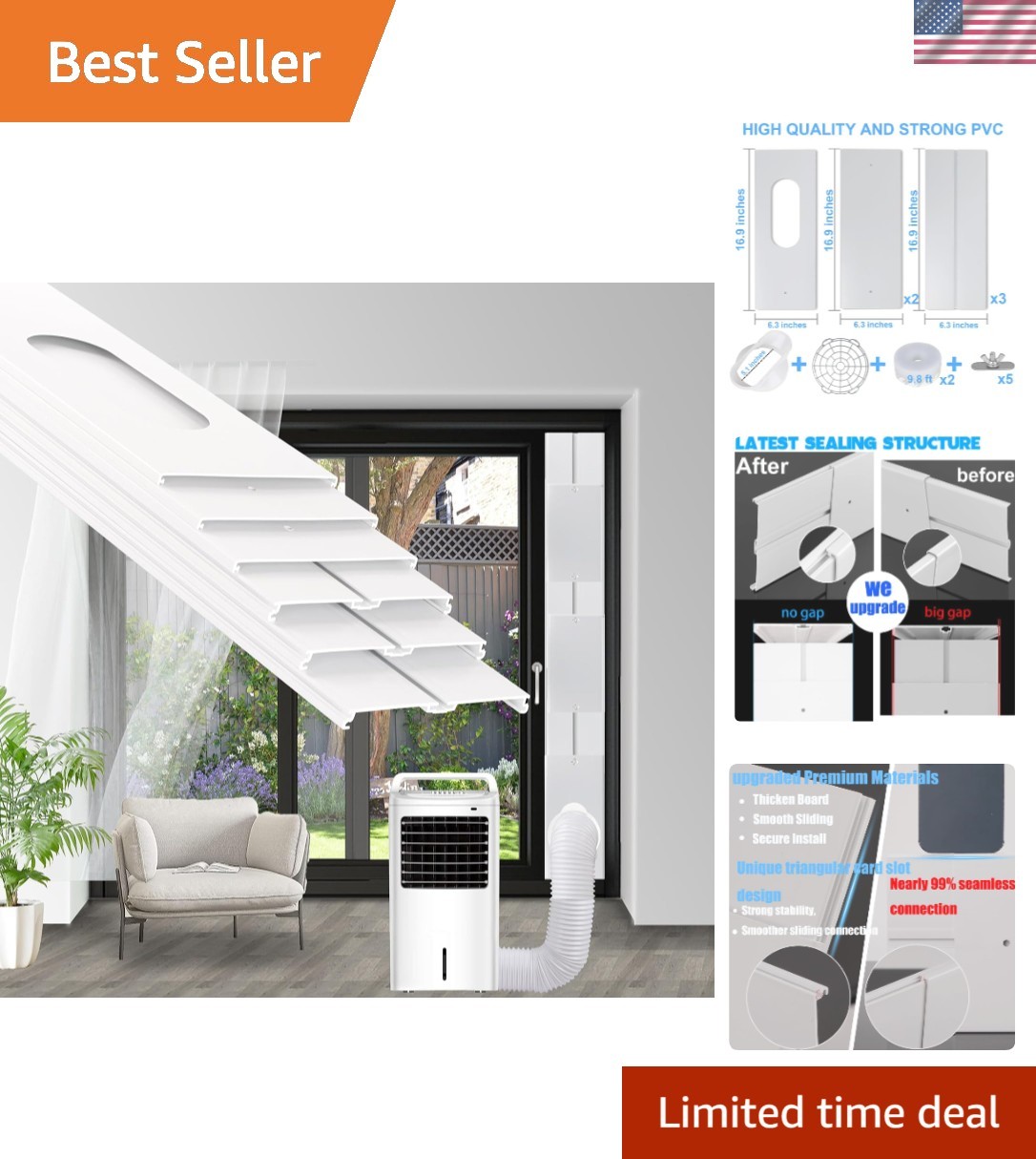 Portable Air Conditioner Window Kit Compatible With 5.1in Hose Adjustable Length