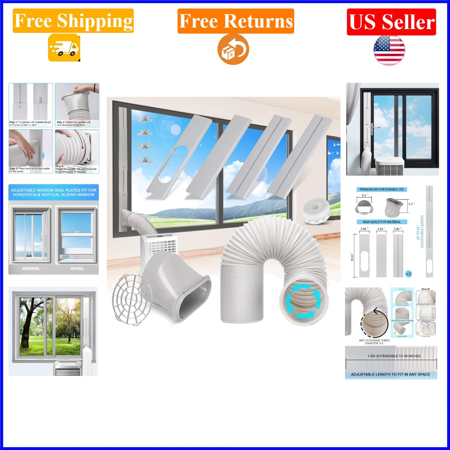 Portable AC Window Vent Kit 5.9” Exhaust Hose Adjustable Seal Panel for Horiz…