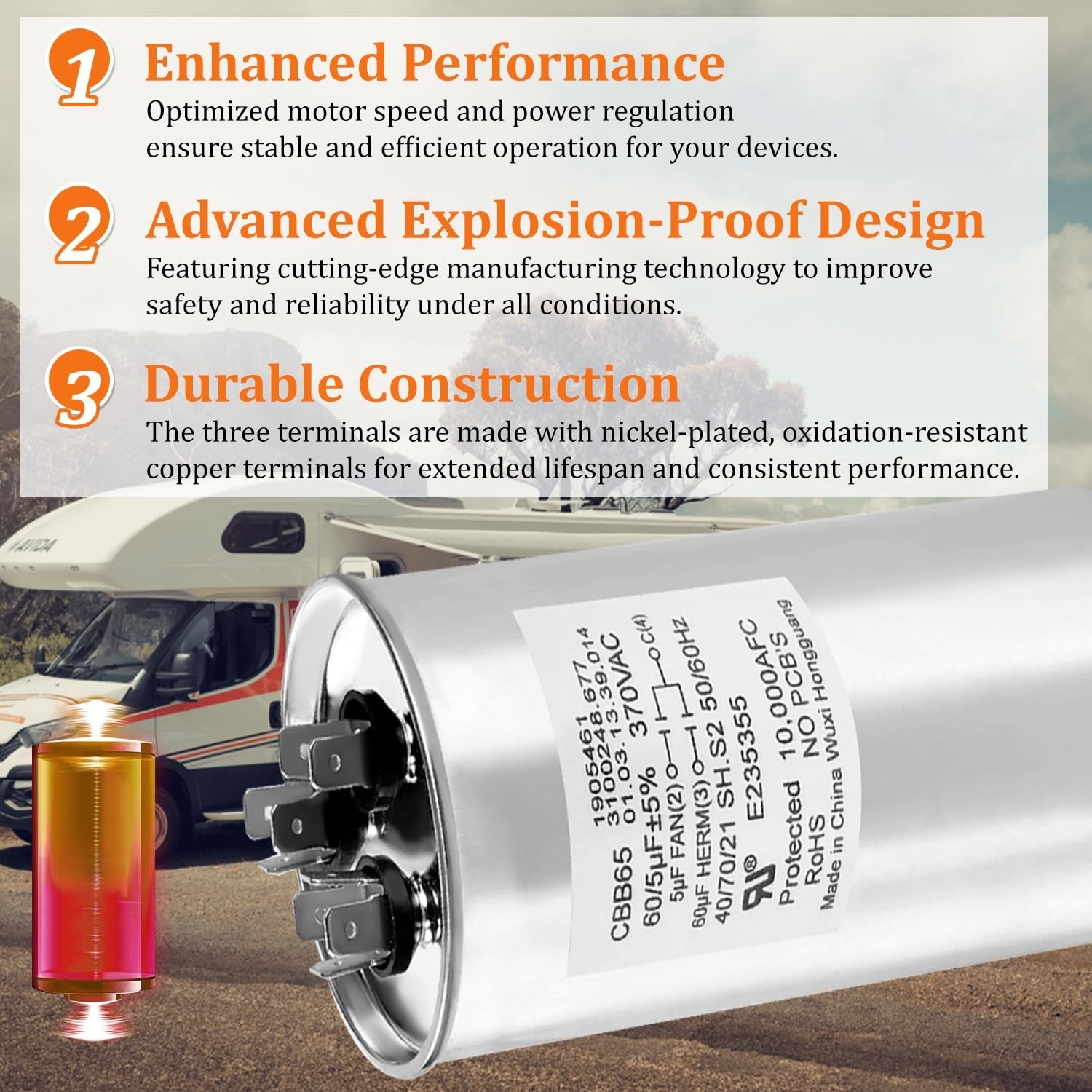 60/5 MFD Heavy Duty RV AC Motor Capacitor Replacement for Dometic Air Conditione