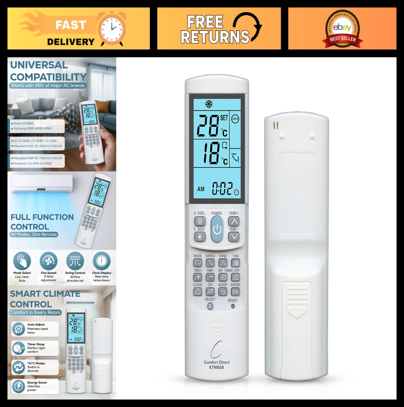 Universal Mini-Split Air Conditioner Remote Control – Dual °F/°C Modes, Compatib