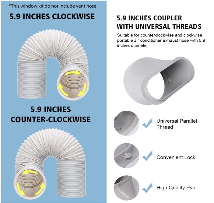Portable AC Window Kit–Adjustable Plate for 5.9” Hose, Fits Vertical/Horizontal