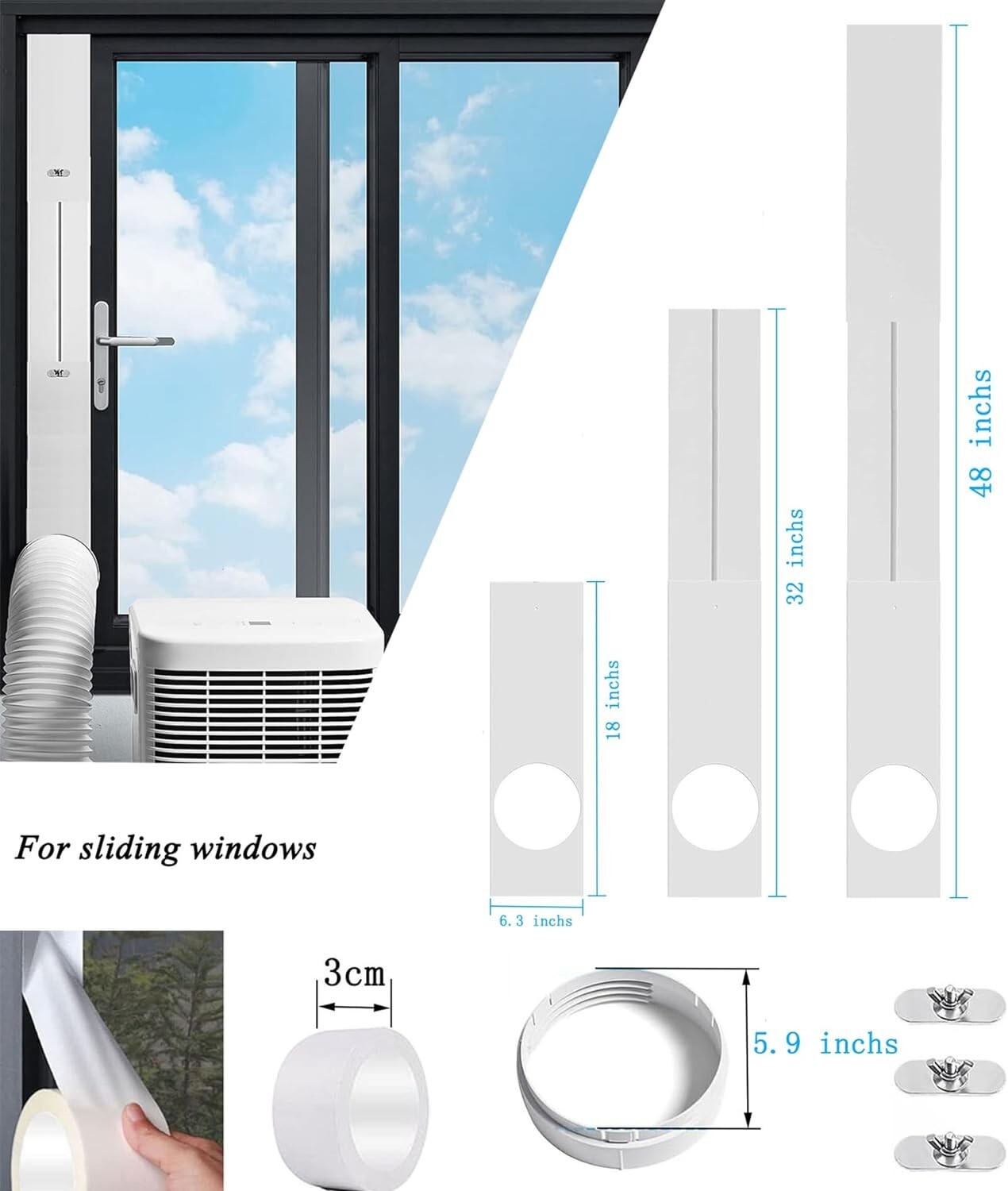 Adjustable Window Vent Kit for Portable AC, Fits 5.9&Prime; Hose, Space-Saving Design