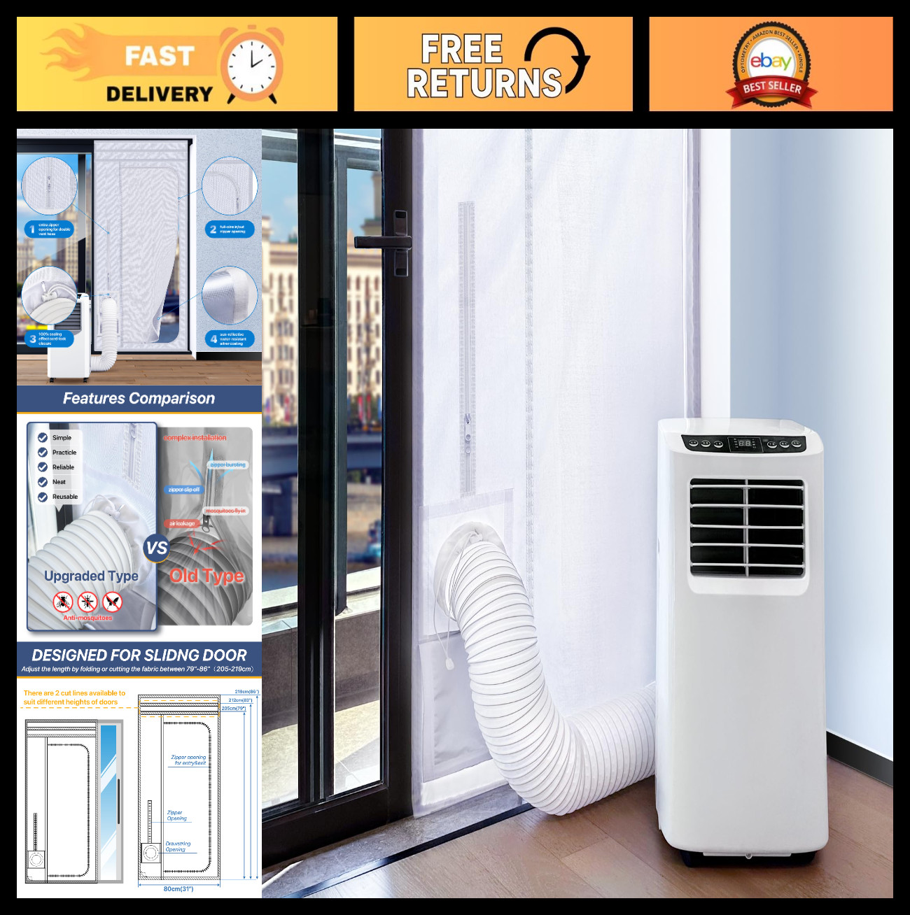 Portable Air Conditioner Sliding Door Vent Kit – 100% Seal, Adjustable Length, W