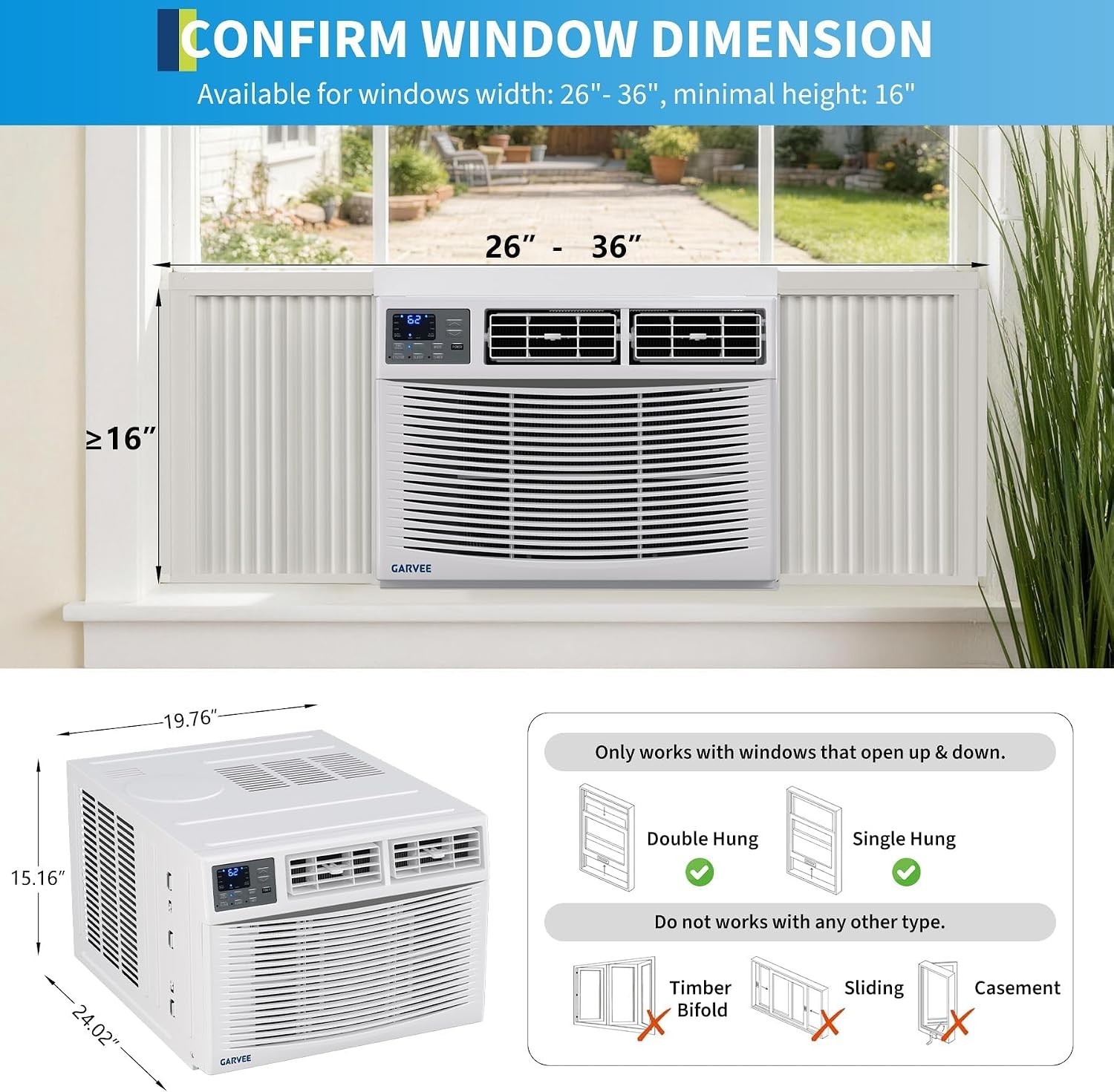8000 BTU Window AC Unit with Heat Heater Dehumidifier Fan Quiet 350 Sq Ft Room