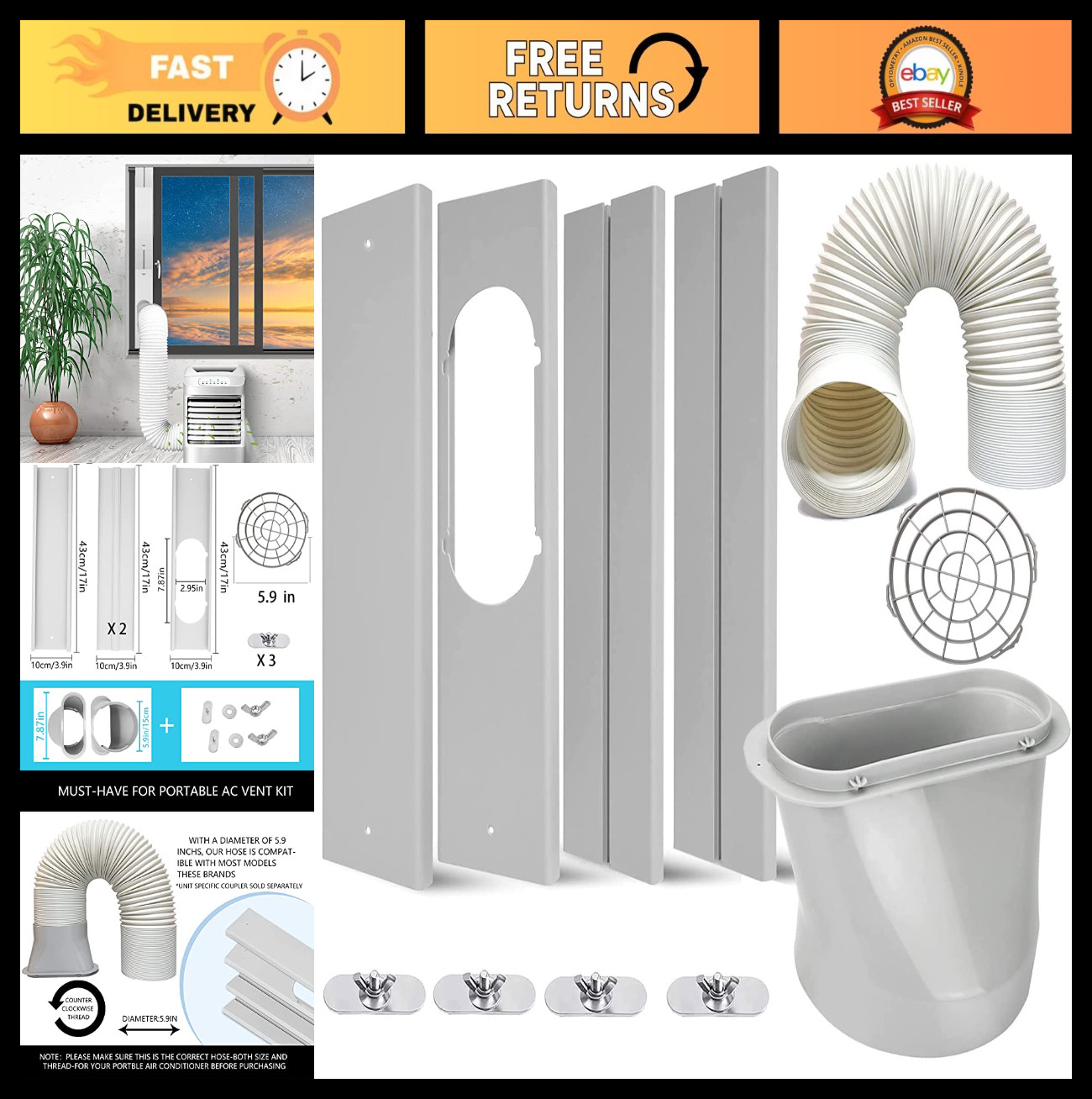 Portable Air Conditioner Kit – Adjustable Window Seal, 5.9&Prime; Hose for Vertical/Ho