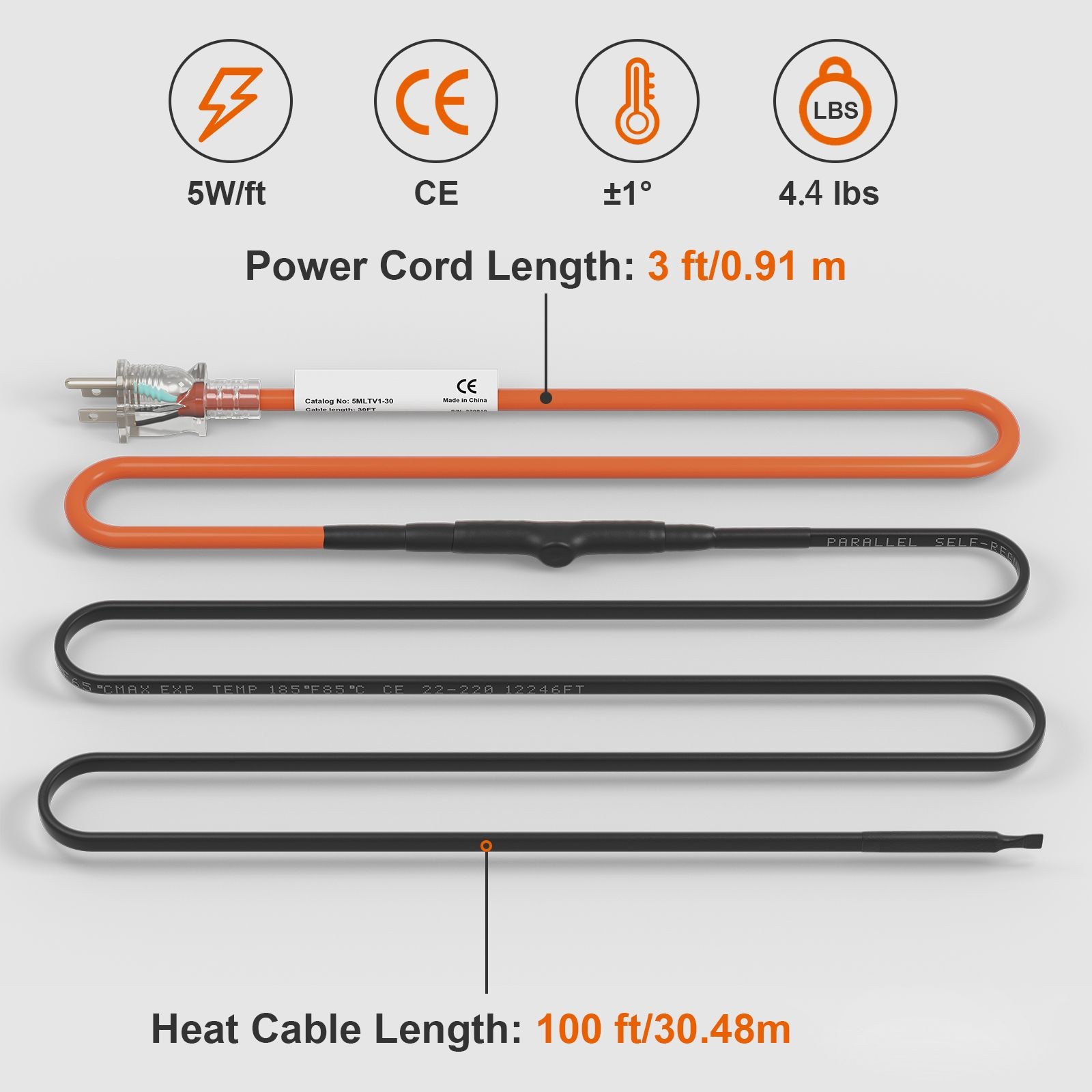 Self – Regulating Pipe Heating Cable, 100 – feet 5W/ ft Heat Tape for Pipes