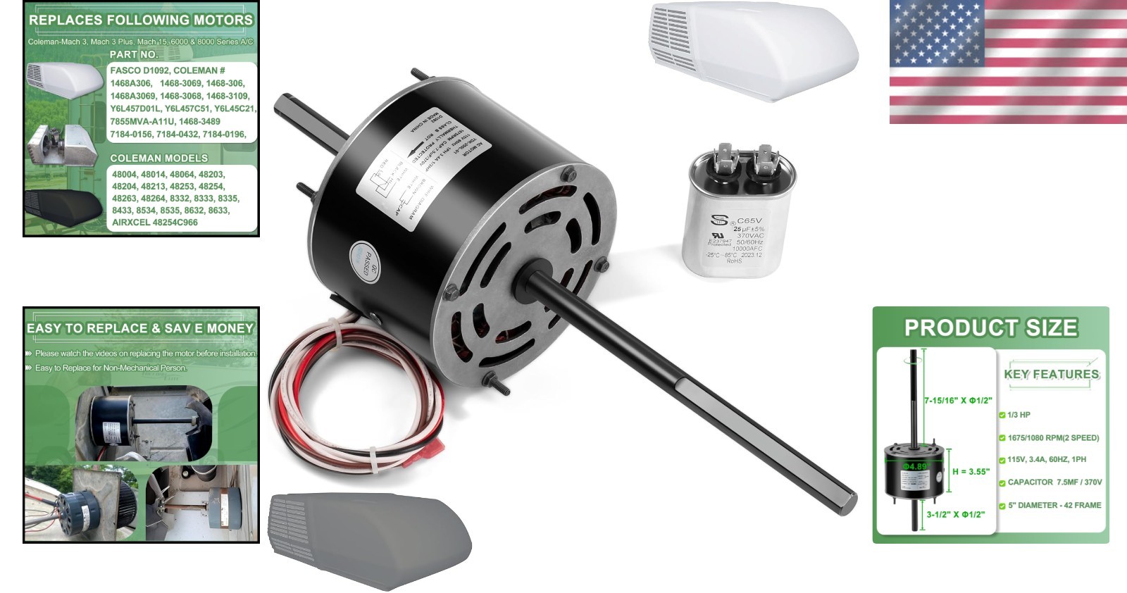 RV AC Motor with Capacitor, Direct Replacement, 1/3 HP