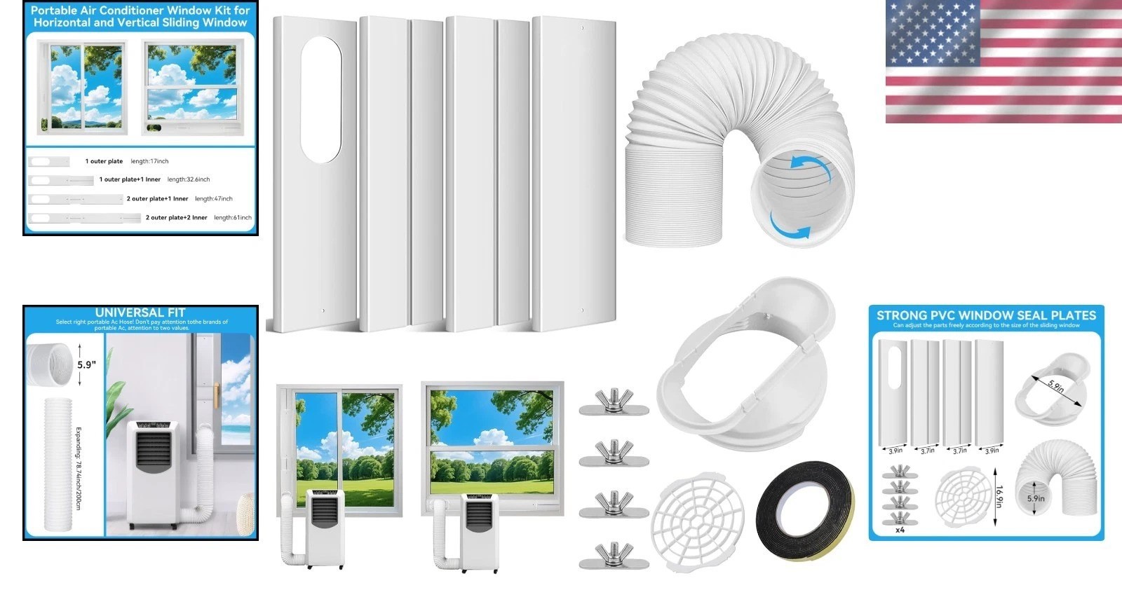 Portable Air Conditioner Window Vent Kit 5.9 Inch Exhaust Hose Adjustable