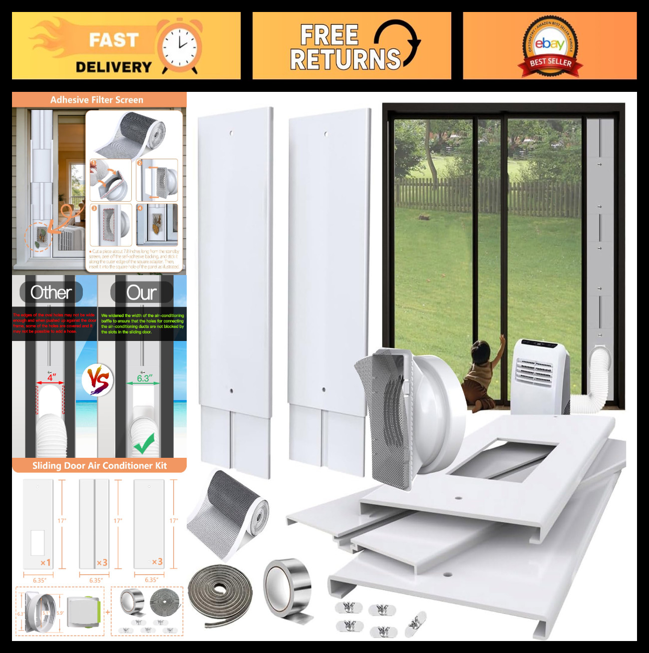 Sliding Door AC Vent Kit 105&Prime; with Screen Net & Weather Stripping – Energy Effic