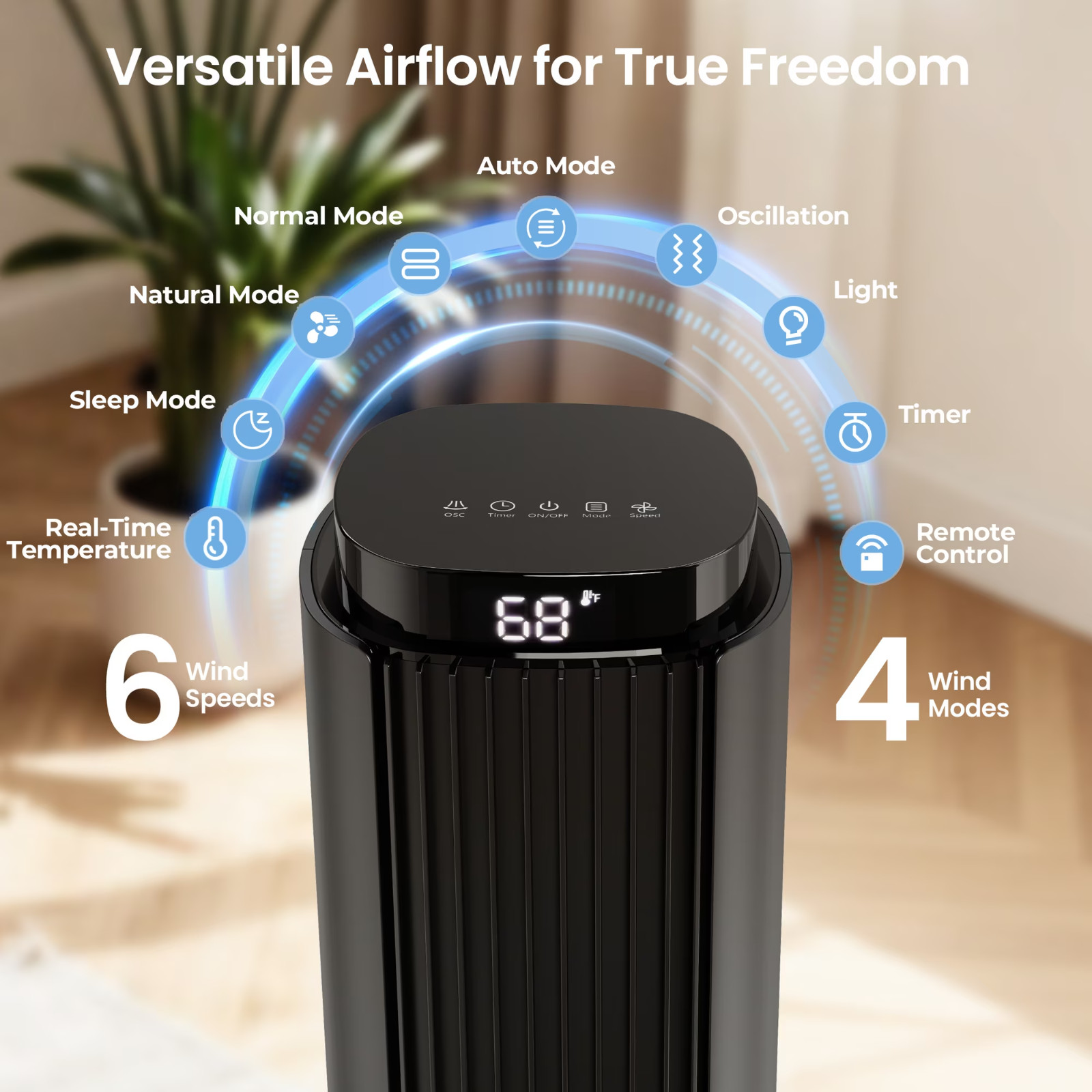 KISSAIR 37&Prime; Tower Fan Remote,6 Speeds,4 Modes,LED Display, 12H Timer, 90° move