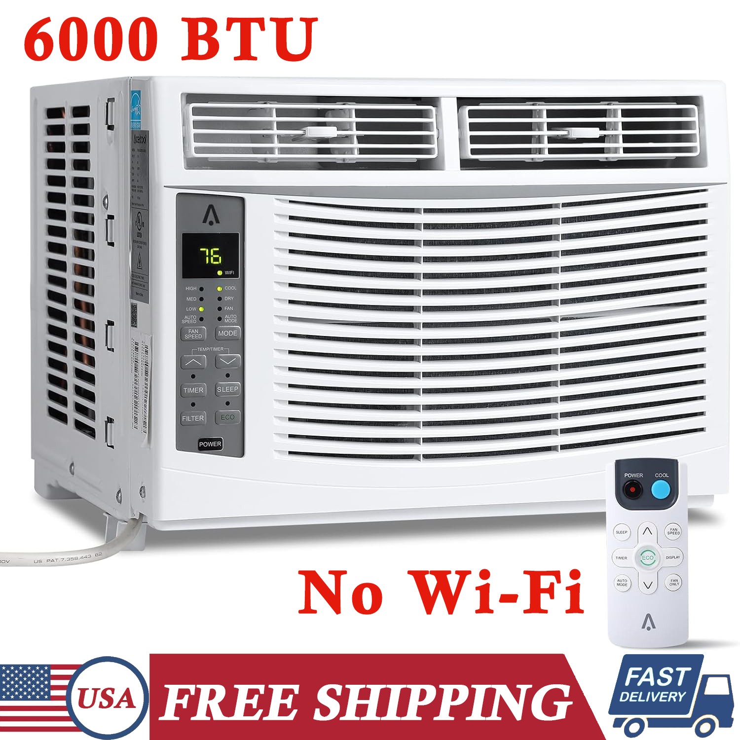 6000 BTU Window Air Conditioner w/ Remote Control 3-in-1 AC Window Unit No WiFi