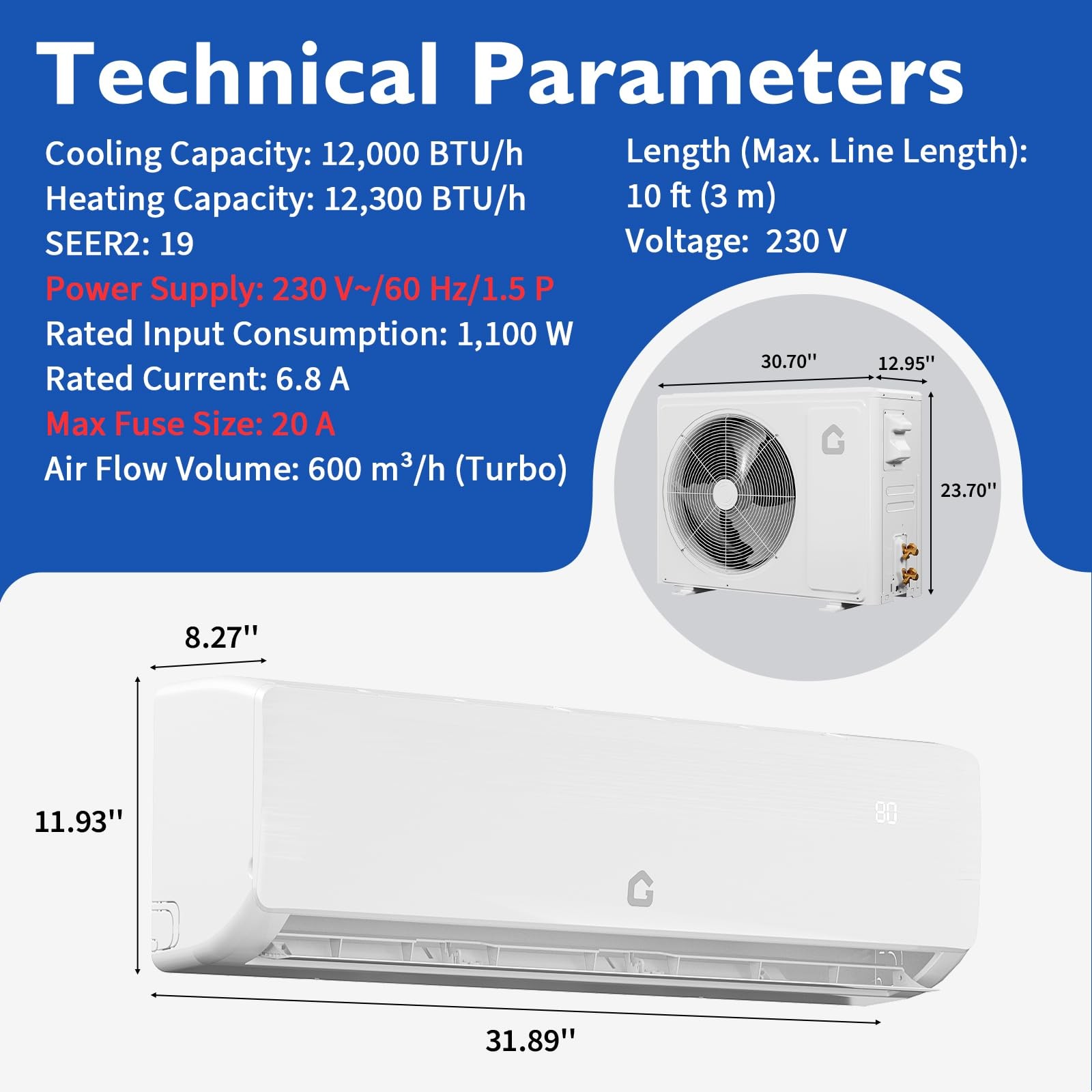 12000 BTU Split Air Conditioner and Heater AC SEER2 19 208-230V All Season