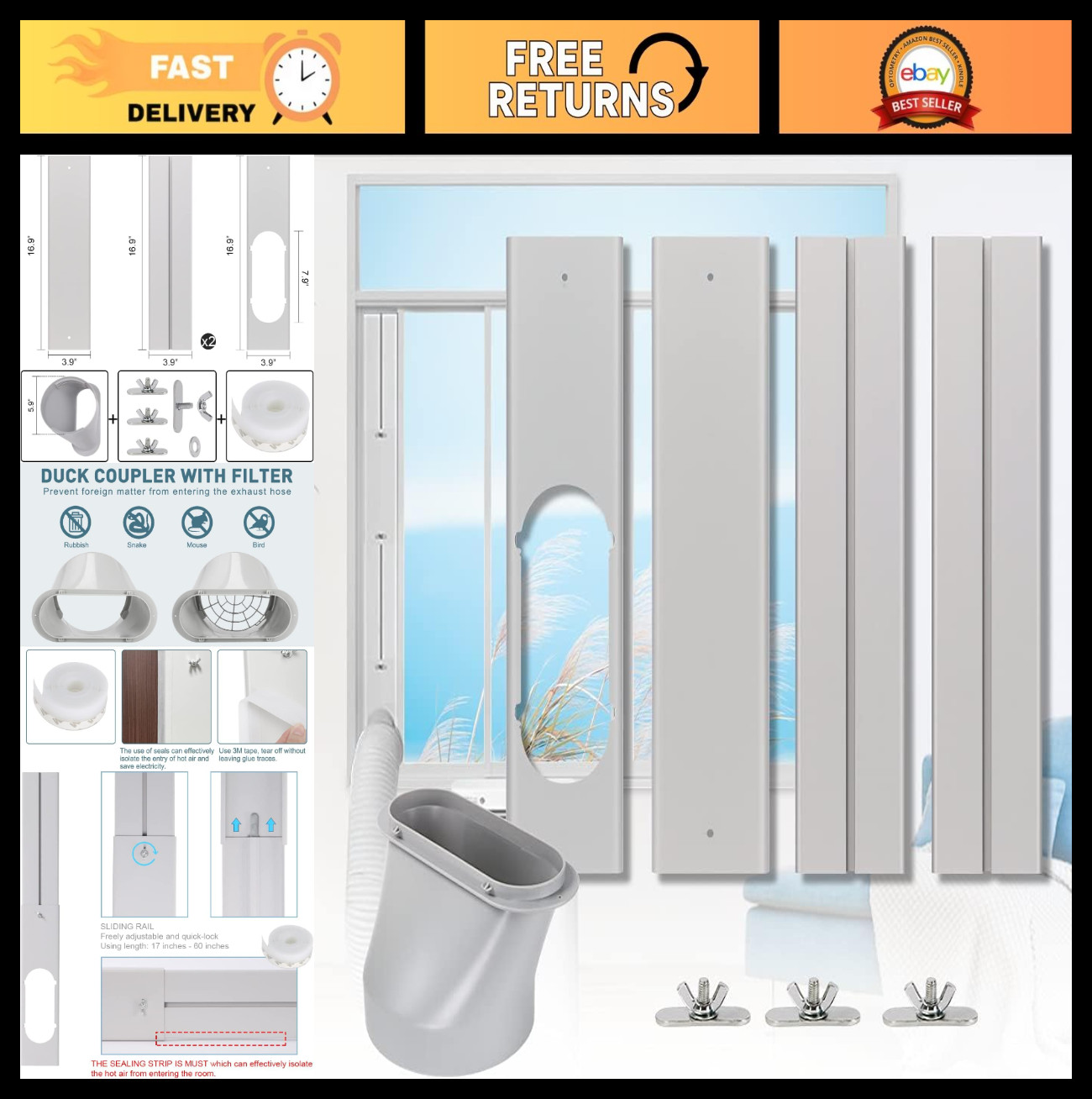Portable Air Conditioner Window Kit – Adjustable Sliding Plate for 5.9&Prime; Hose