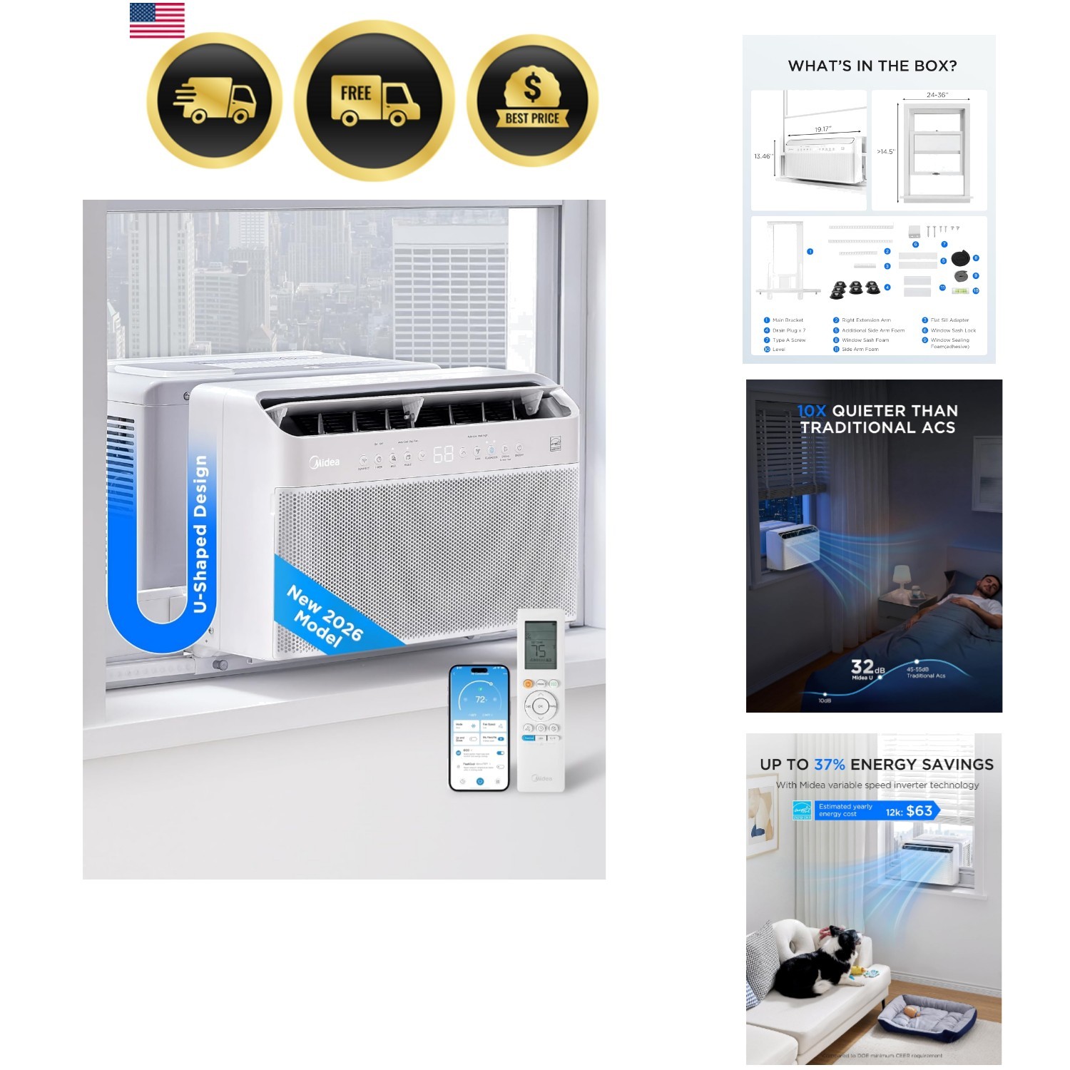 12,000 BTU U Shaped Window Air Conditioner, Cools up to 550 Sq Ft