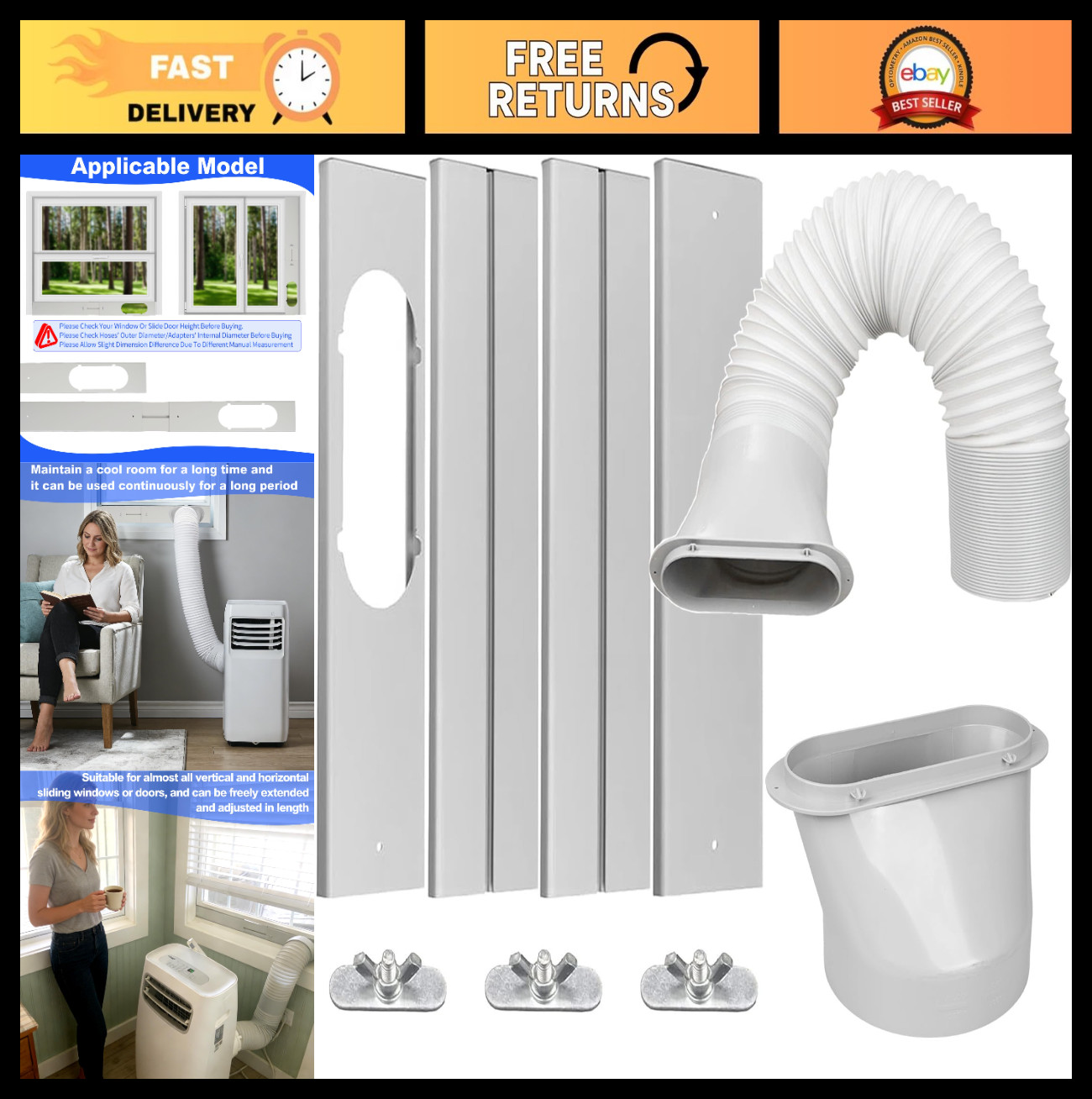 Portable Air Conditioner Window Vent Kit, 5.9&Prime; Exhaust Hose, Adjustable 59&Prime; for