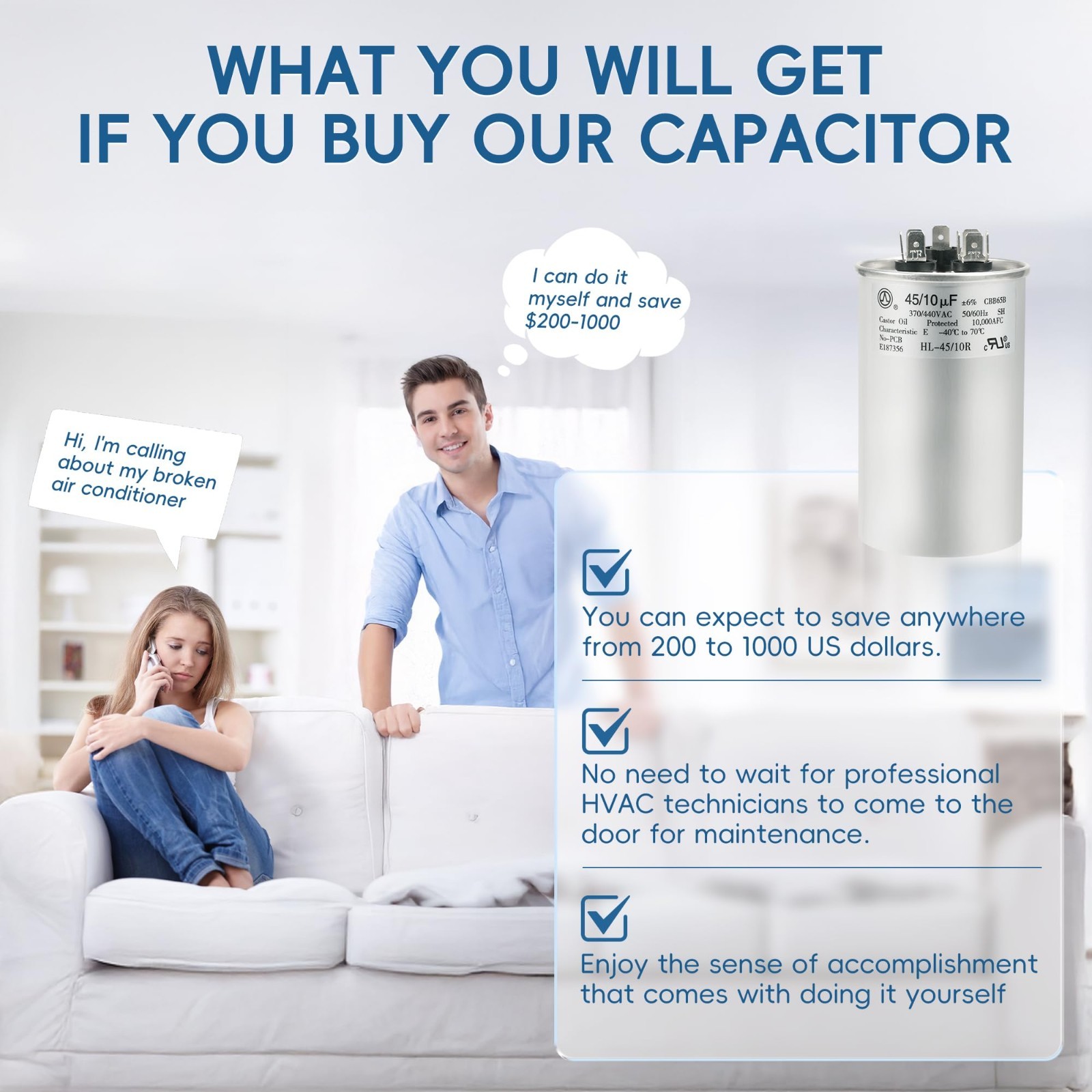 Dual Run Capacitor 45+10 uF 370V/440VAC for Heat Pump & AC – 10-Year Warranty