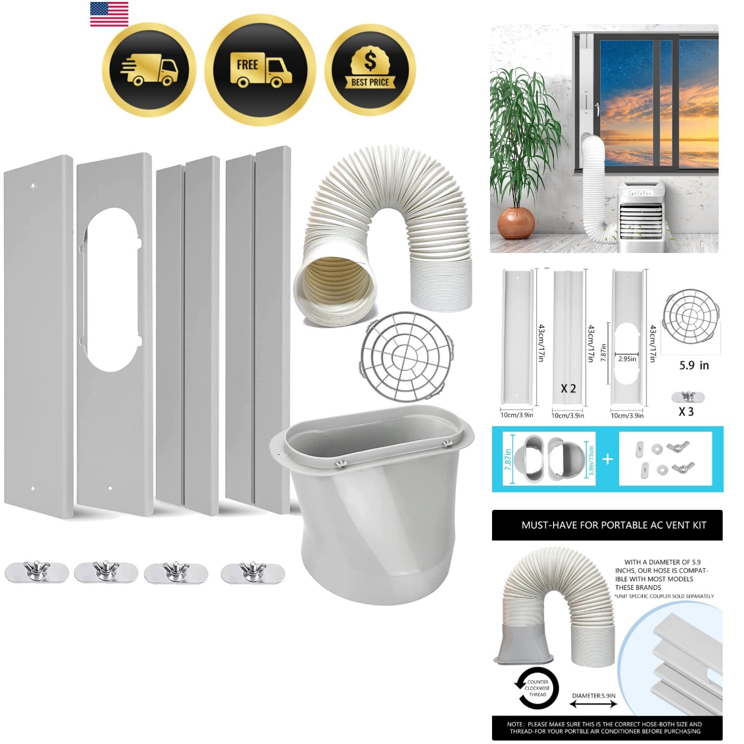Portable Air Conditioner Kit with Hose, Adjustable Window Seal with 5.9 Inch …
